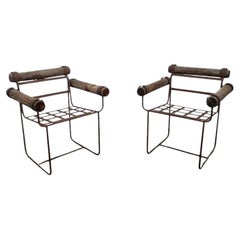 Unique Pair of Rustic Vintage Industrial Garden Chairs with Wooden Log Accents