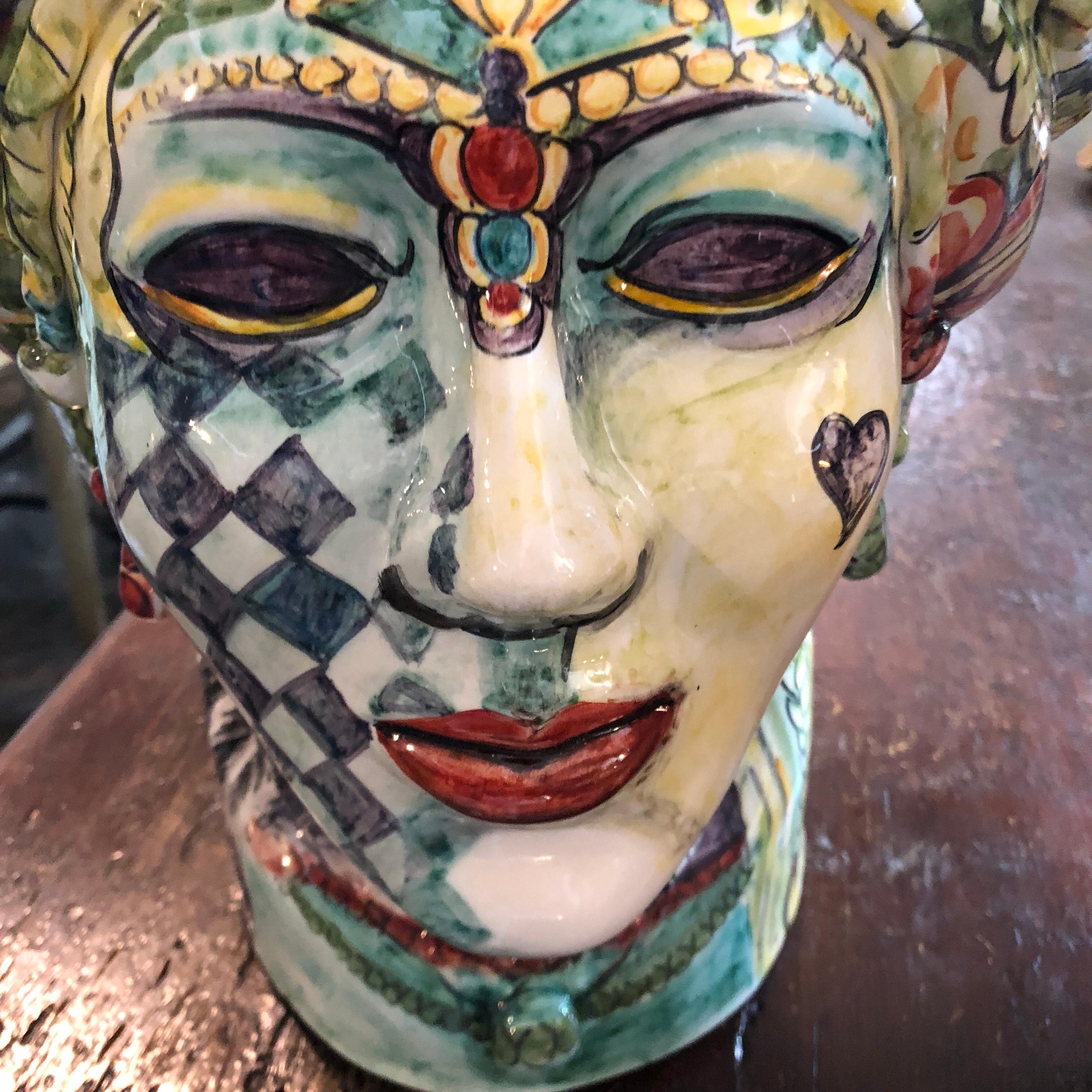 Unique Pair of Sicilian Hand-Painted Clay Moro’s Heads Vases in Pop Art Style 6