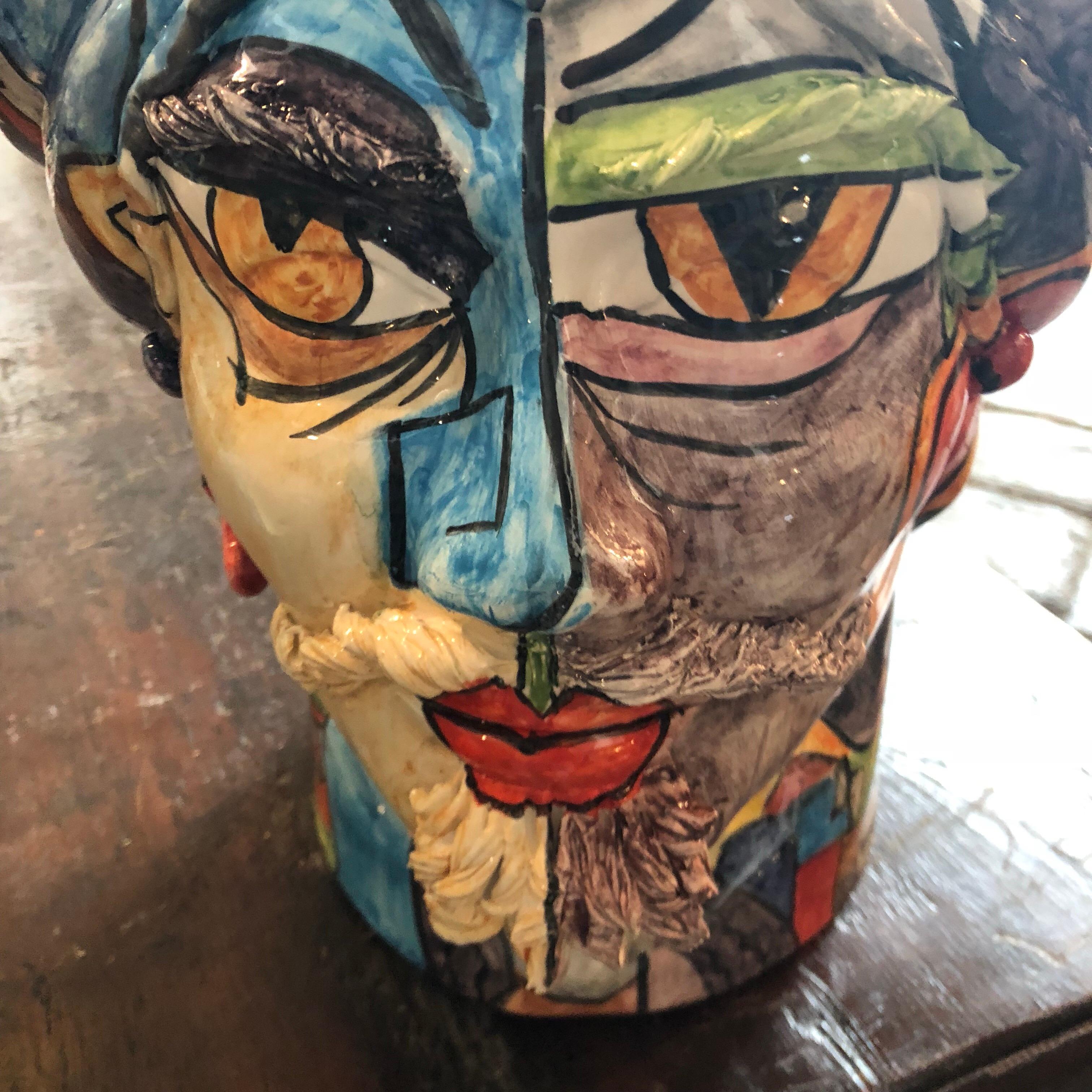 Unique Pair of Sicilian Hand-Painted Clay Moro’s Heads Vases in Pop Art Style 9