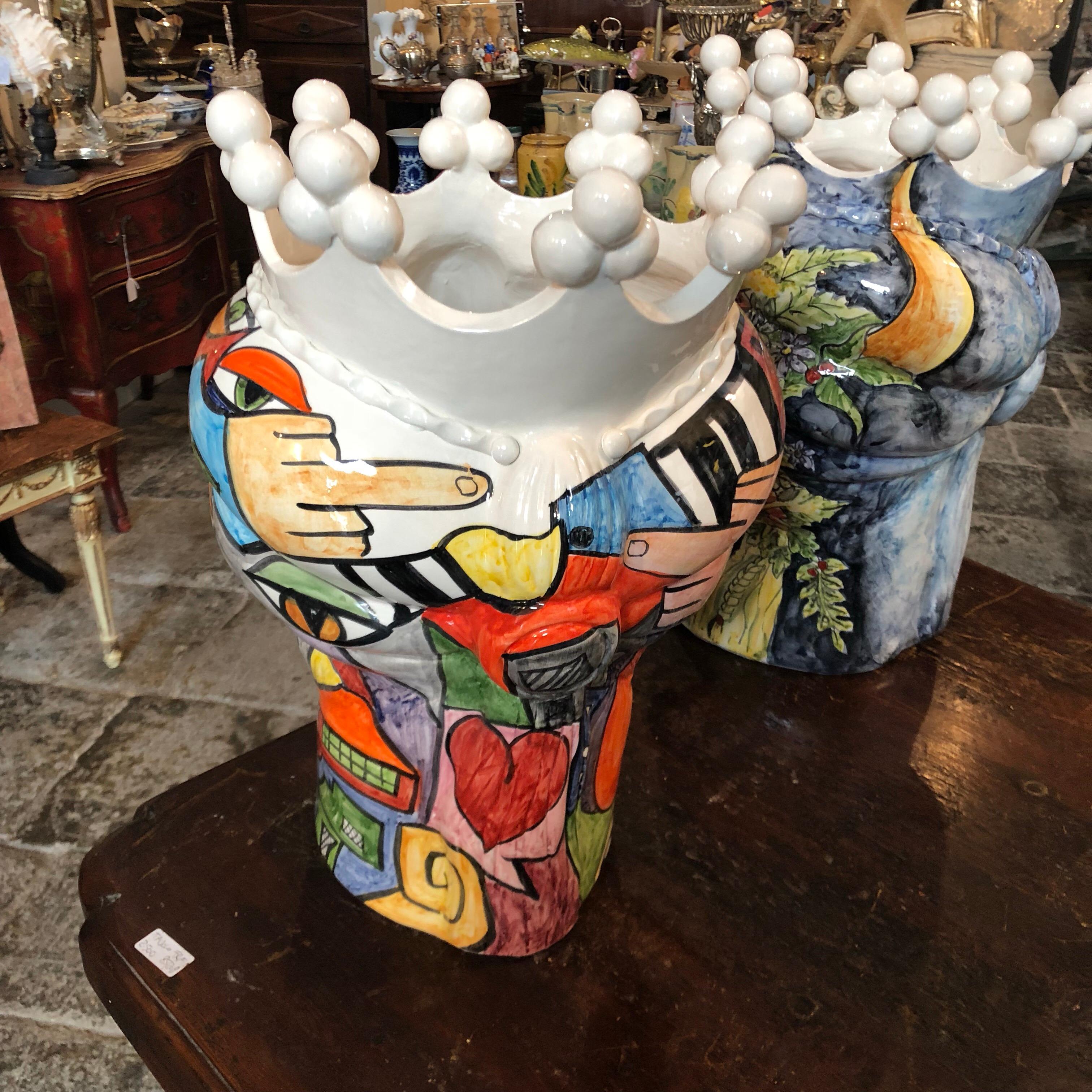 Modern Unique Pair of Sicilian Hand-Painted Clay Moro’s Heads Vases in Pop Art Style