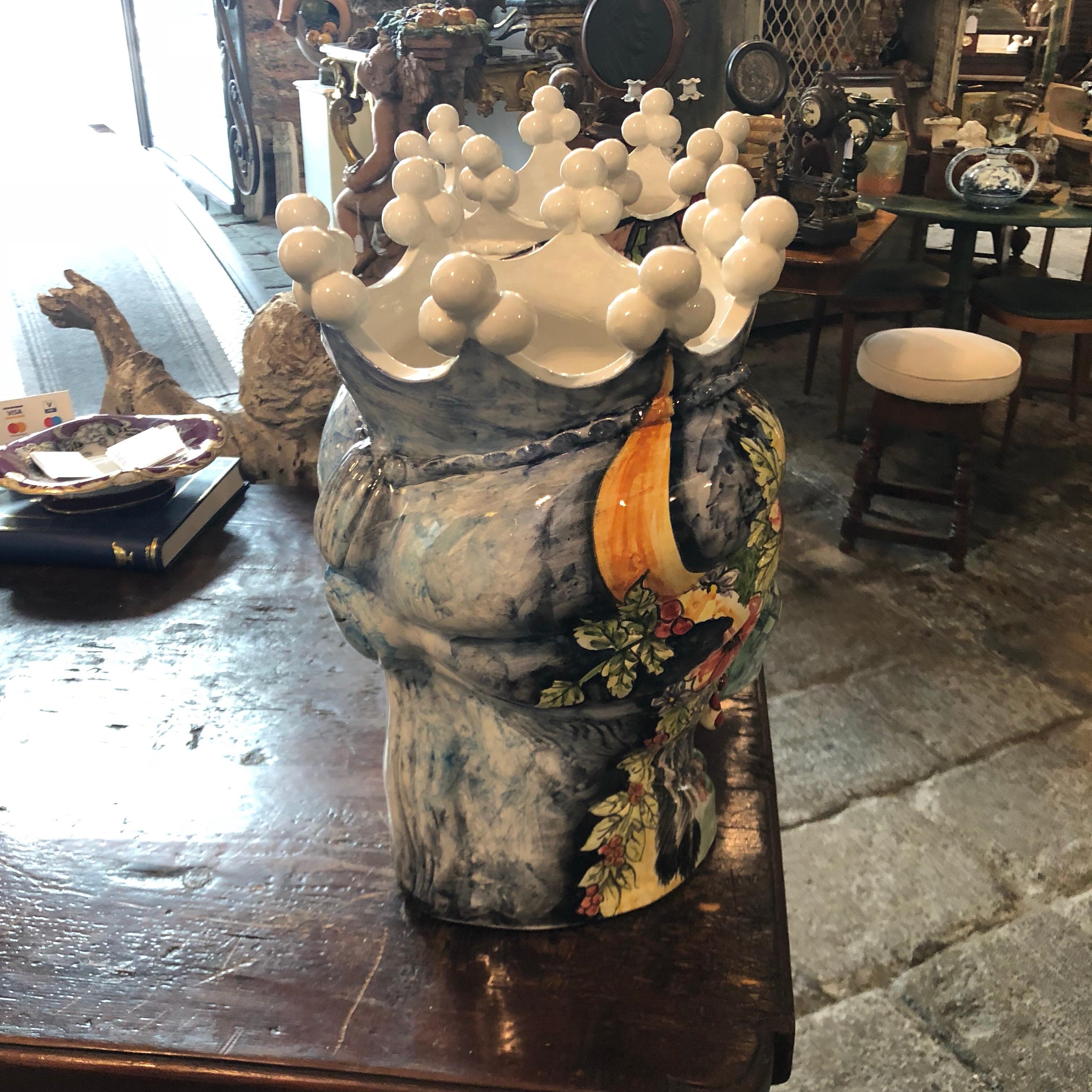 Unique Pair of Sicilian Hand-Painted Clay Moro’s Heads Vases in Pop Art Style In Excellent Condition In Aci Castello, IT