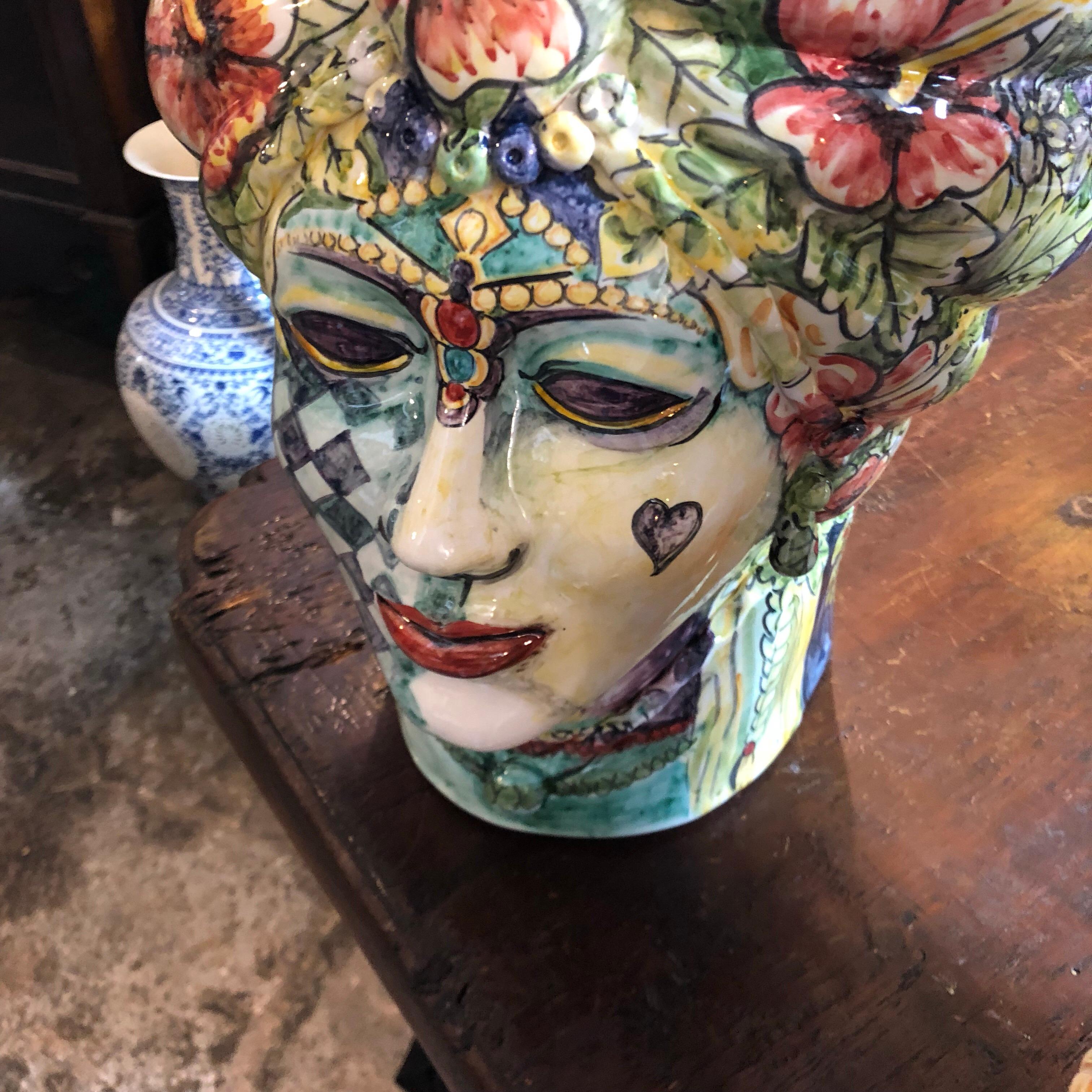 Unique Pair of Sicilian Hand-Painted Clay Moro’s Heads Vases in Pop Art Style 2