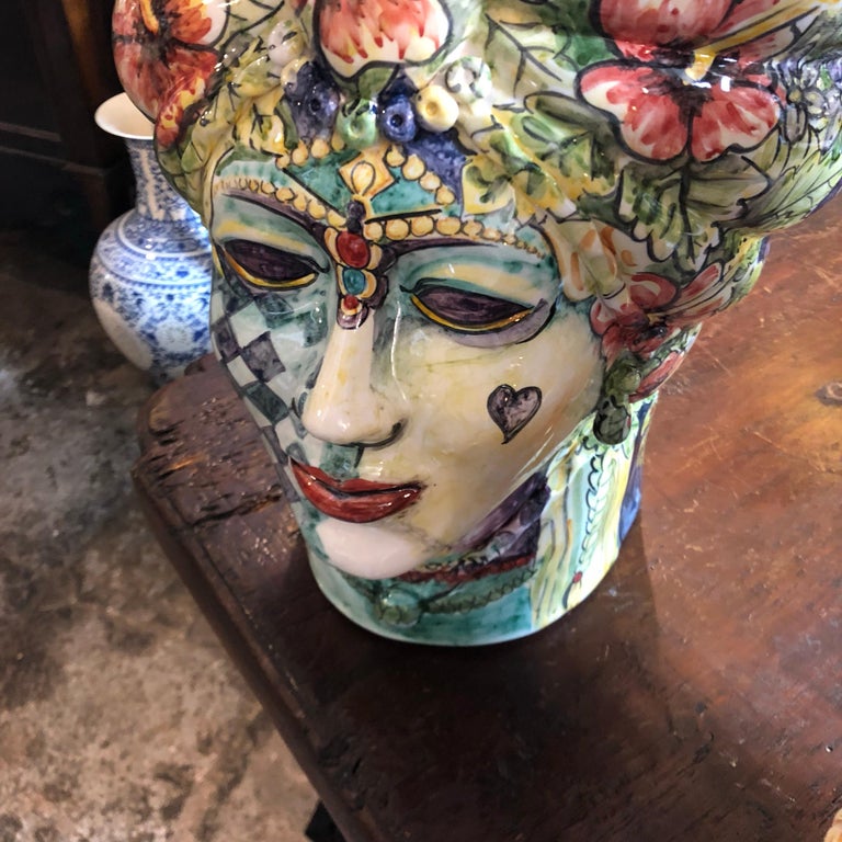 Unique Pair of Sicilian HandPainted Clay Moro’s Heads Vases in Pop Art