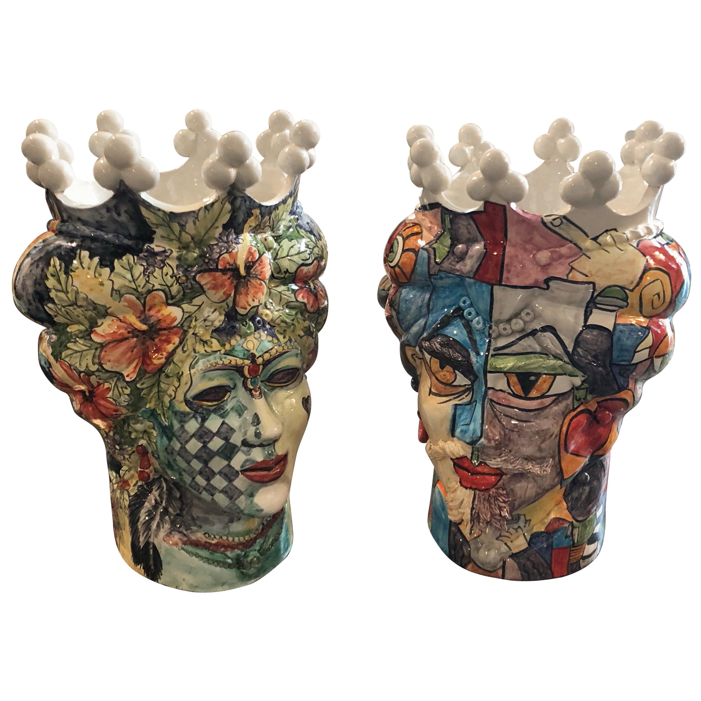 Unique Pair of Sicilian Hand-Painted Clay Moro’s Heads Vases in Pop Art Style
