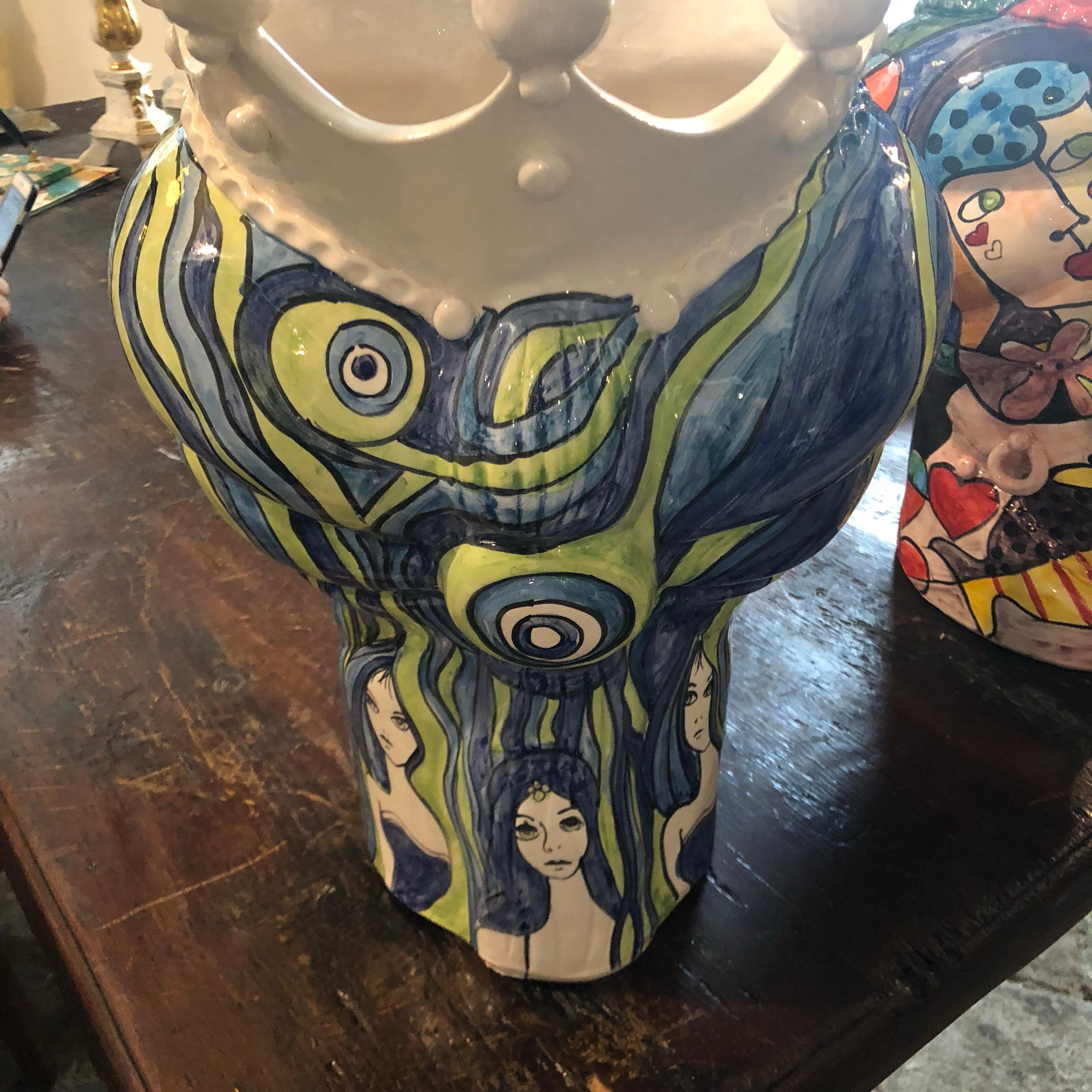 Unique Pair of Sicilian Hand-Painted White Clay Moro's Head Vases 3