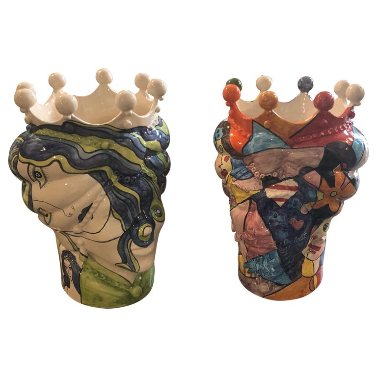 Unique Pair of Sicilian HandPainted White Clay Moro's Head Vases at