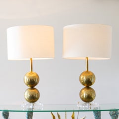 Unique Pair of Spherical Brass and Lucite Based Table Lamps