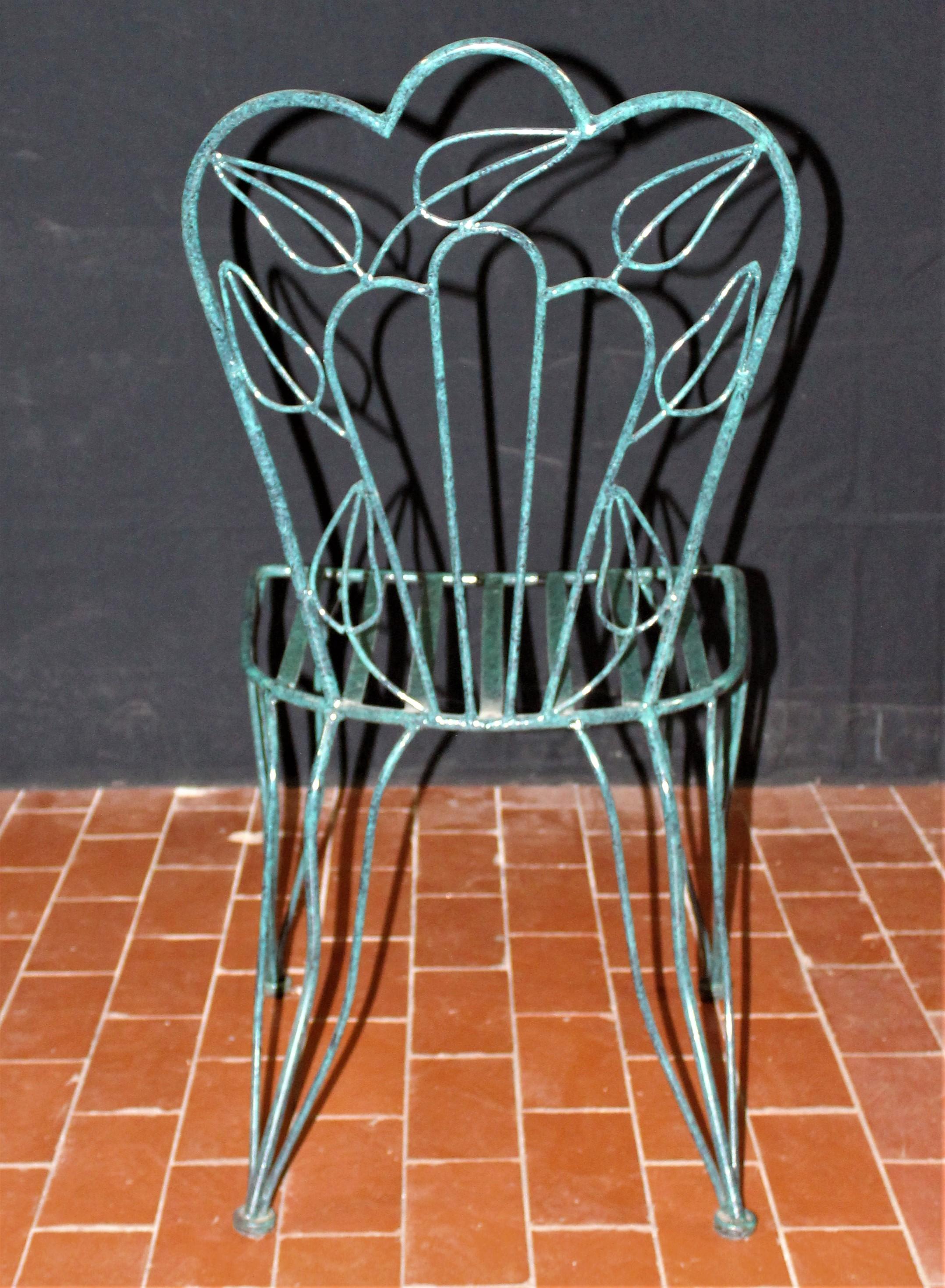 Italian Unique Pair of Very Stylish Mottled Green Powder Coated Patio Chairs For Sale