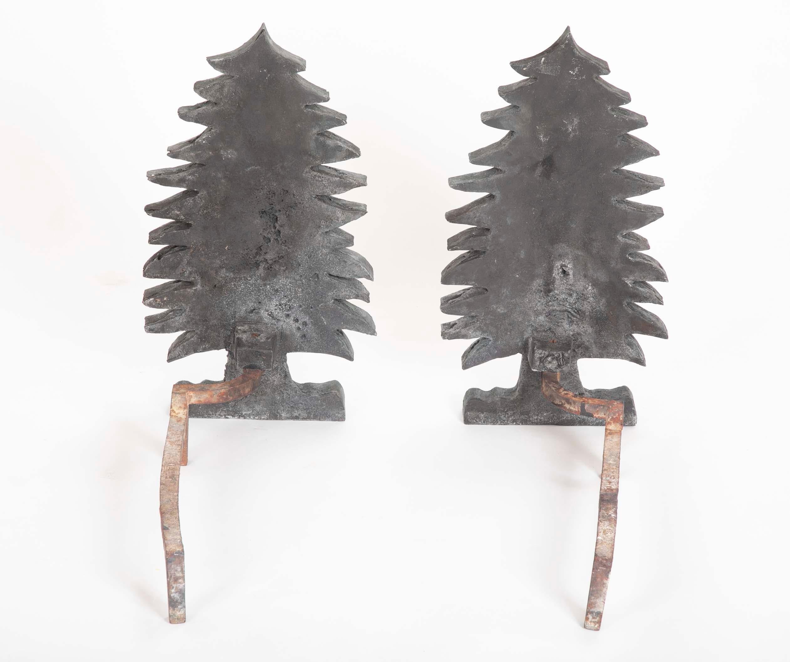 Folk Art Unique Pair of Vintage Evergreen Tree Form Puddle Cast Iron Andirons