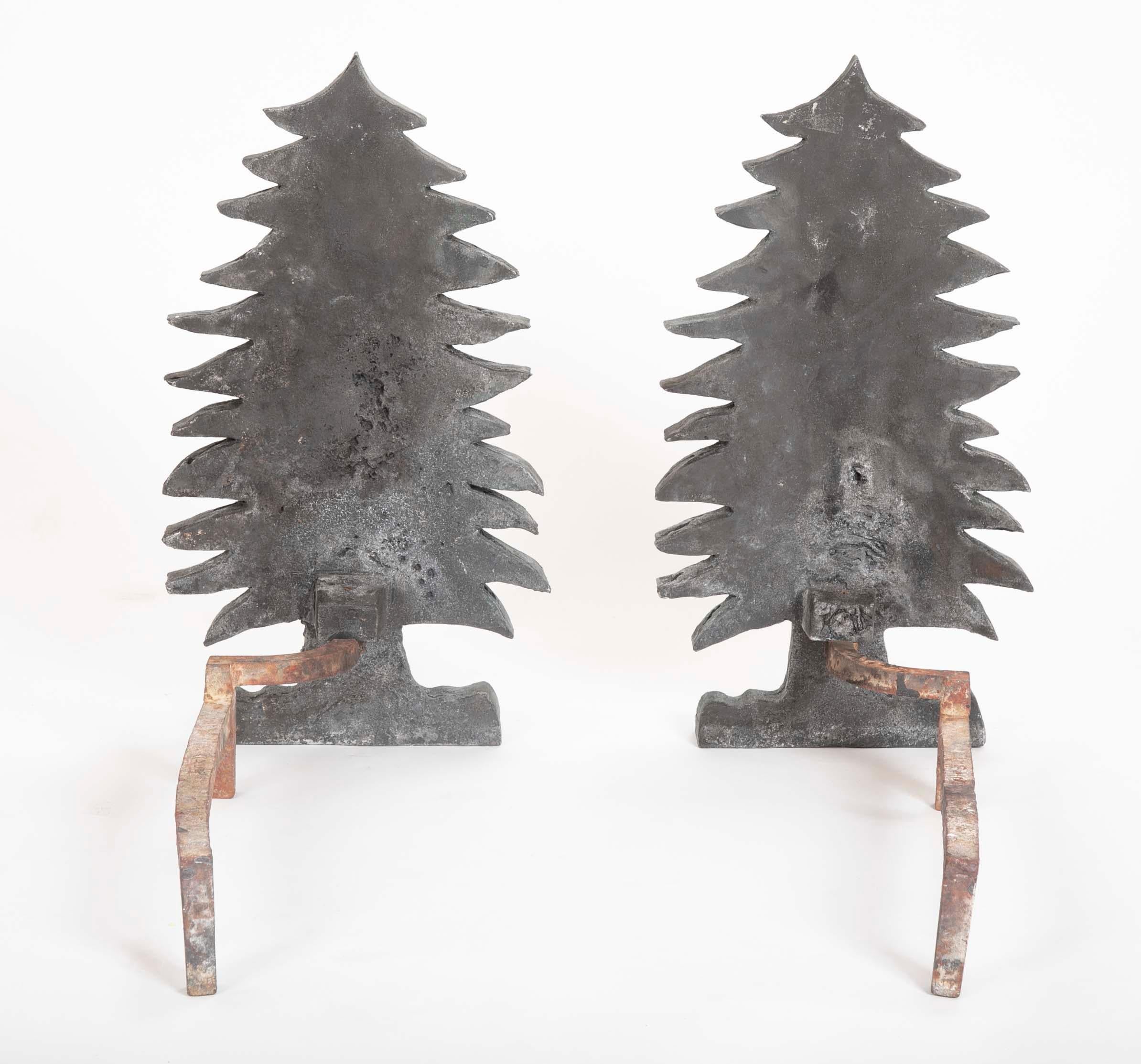 American Unique Pair of Vintage Evergreen Tree Form Puddle Cast Iron Andirons