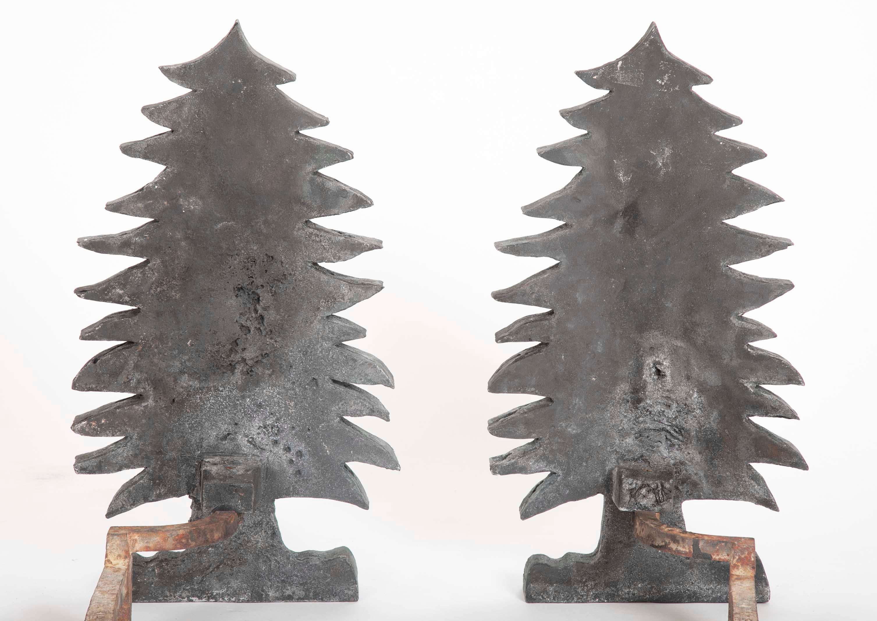Unique Pair of Vintage Evergreen Tree Form Puddle Cast Iron Andirons In Good Condition In Stamford, CT