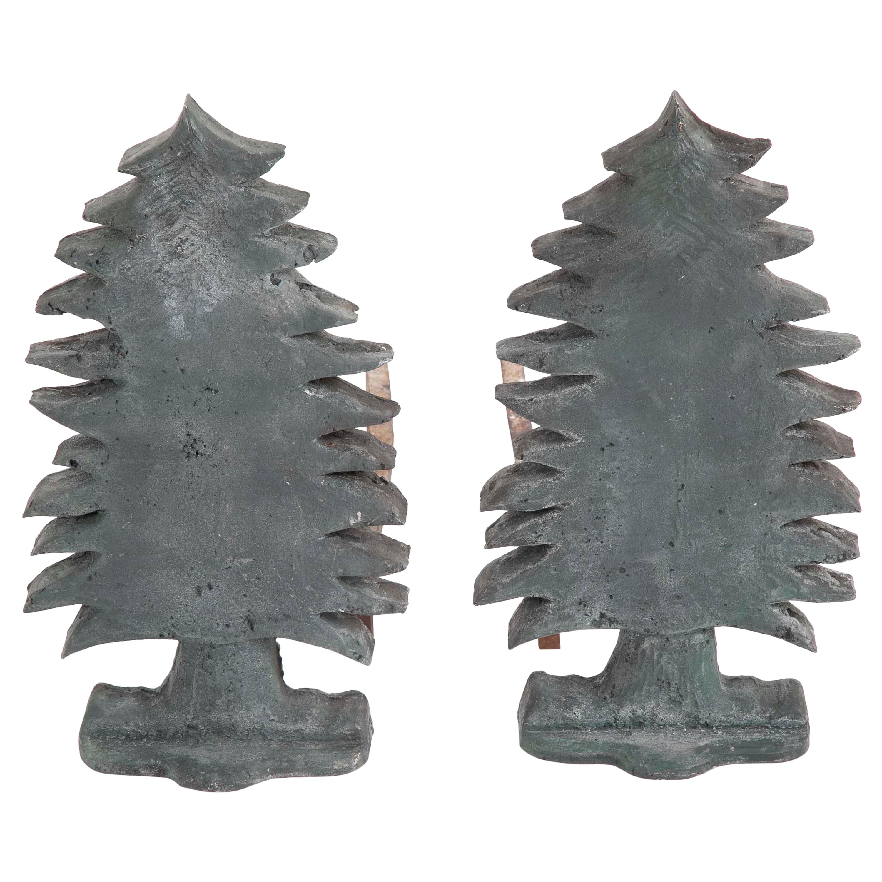 Unique Pair of Vintage Evergreen Tree Form Puddle Cast Iron Andirons