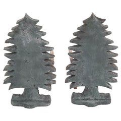 Unique Pair of Antique Evergreen Tree Form Puddle Cast Iron Andirons