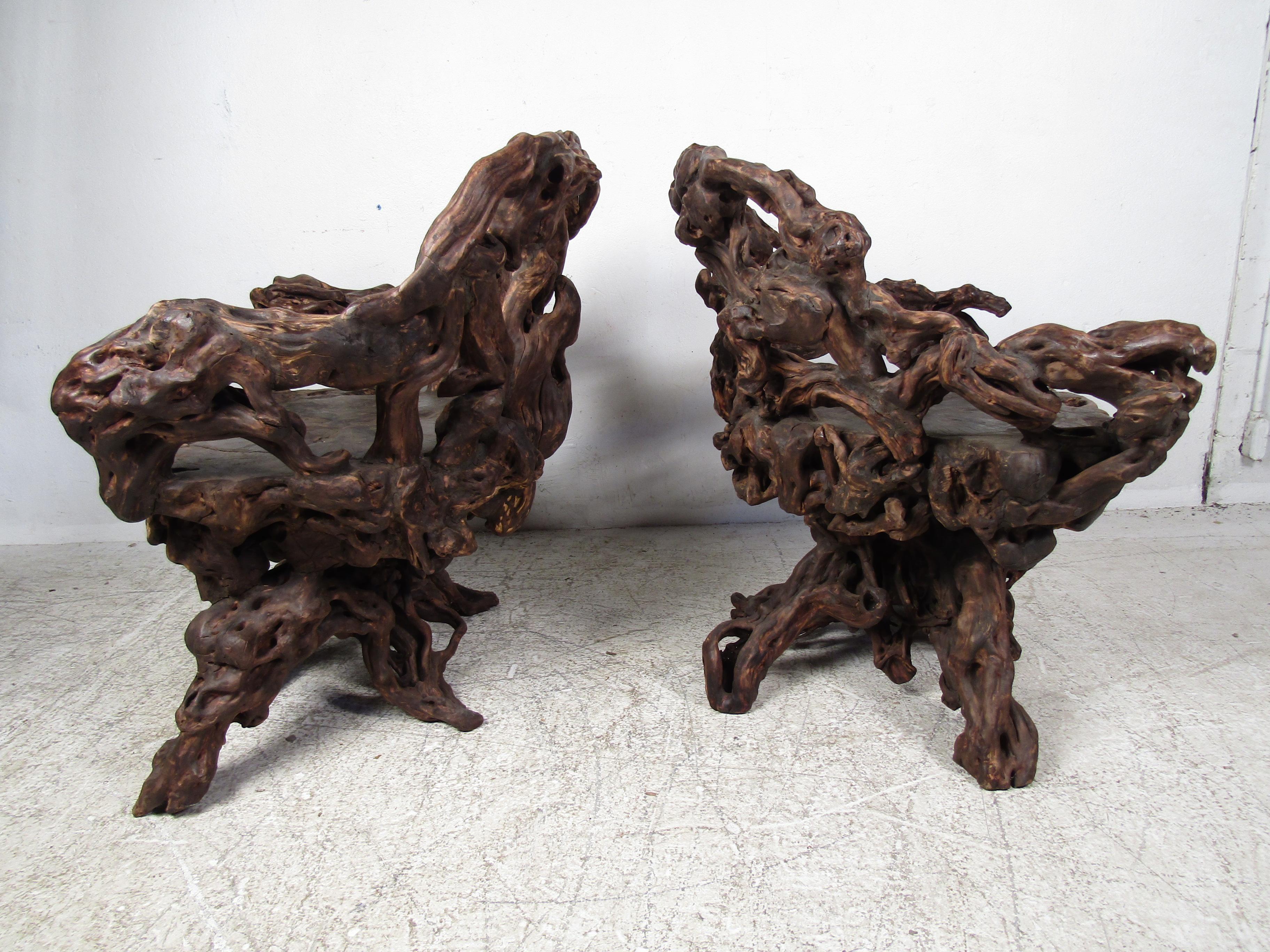 Very unusual and utterly unique pair of freeform vine chairs. Solid wooden construction. Please confirm item location with dealer (NJ or NY).

 