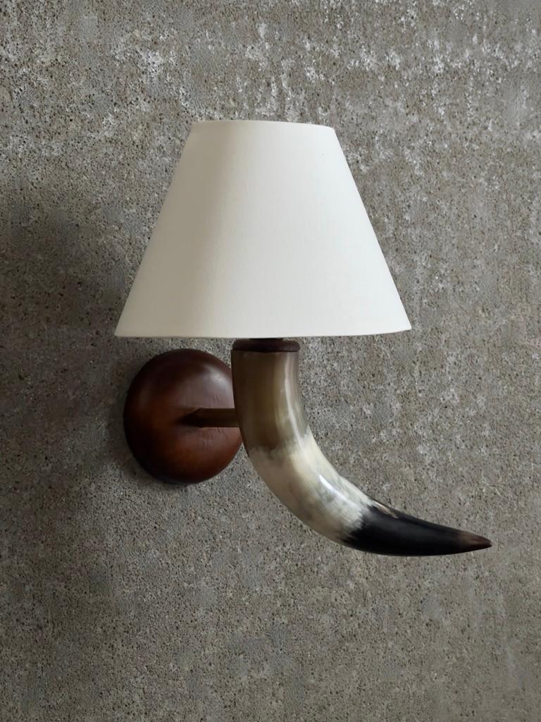 Danish Unique Pair of wall lights made of cow horn, brass and teak Wood. Denmark 1930 For Sale