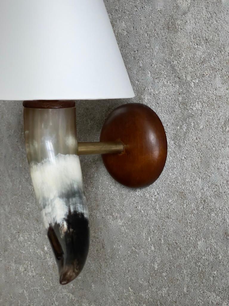 Hand-Crafted Unique Pair of wall lights made of cow horn, brass and teak Wood. Denmark 1930 For Sale