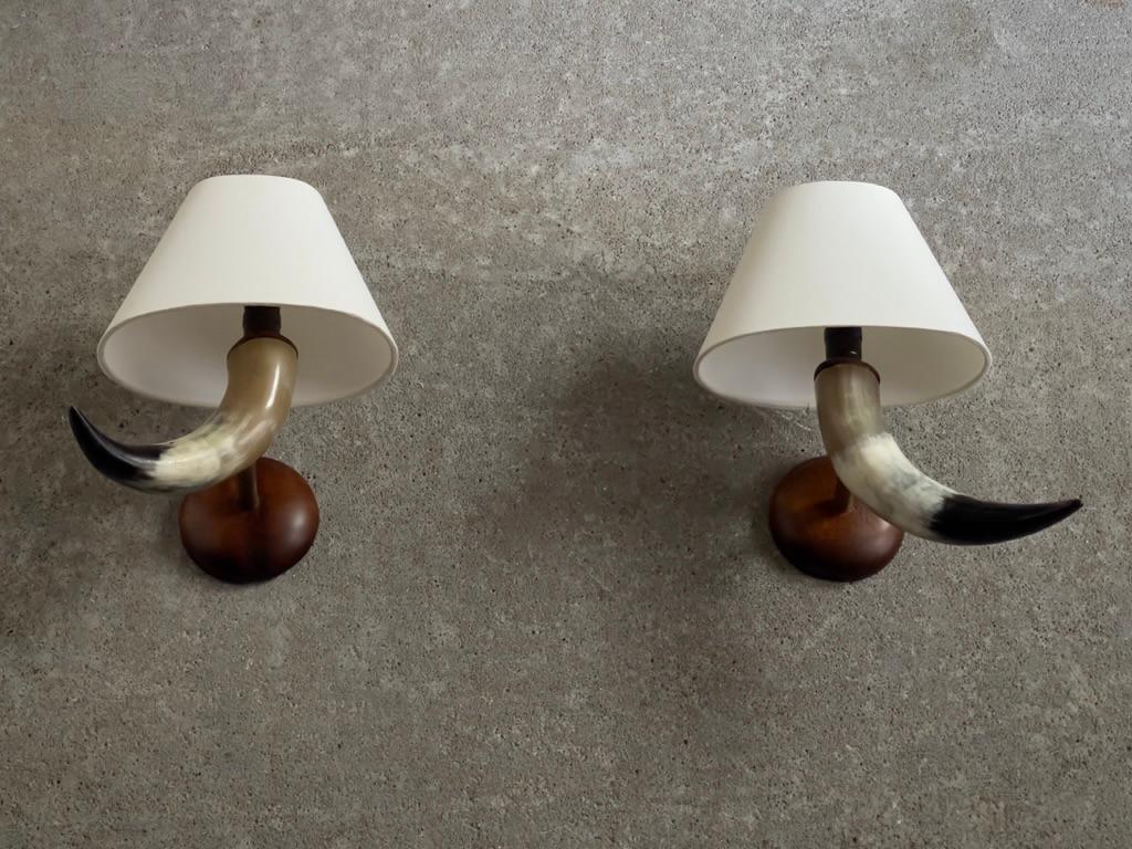 Hardwood Unique Pair of wall lights made of cow horn, brass and teak Wood. Denmark 1930 For Sale