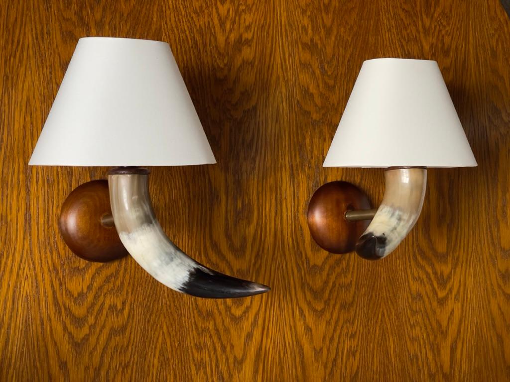 Unique Pair of wall lights made of cow horn, brass and teak Wood. Denmark 1930 For Sale 1