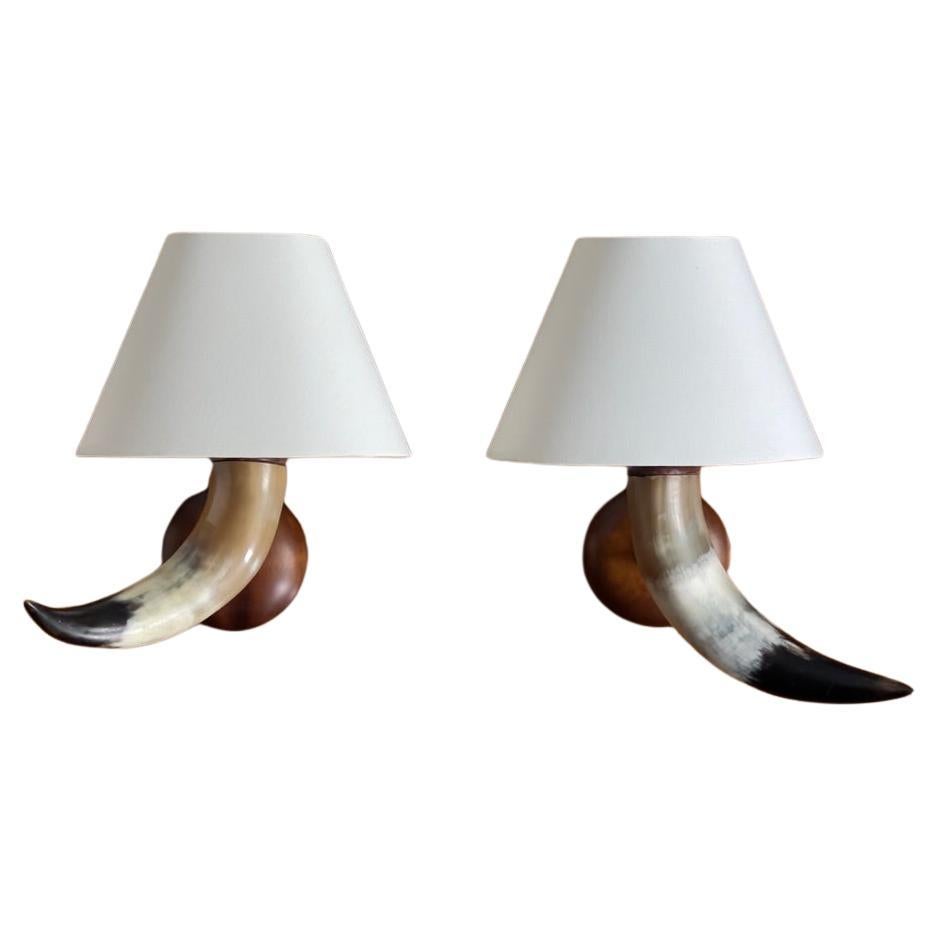 Unique Pair of wall lights made of cow horn, brass and teak Wood. Denmark 1930 For Sale