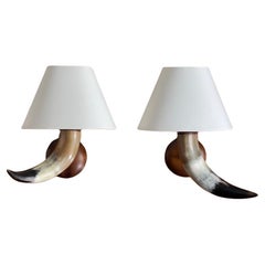 Unique Pair of wall lights made of cow horn, brass and teak Wood. Denmark 1930