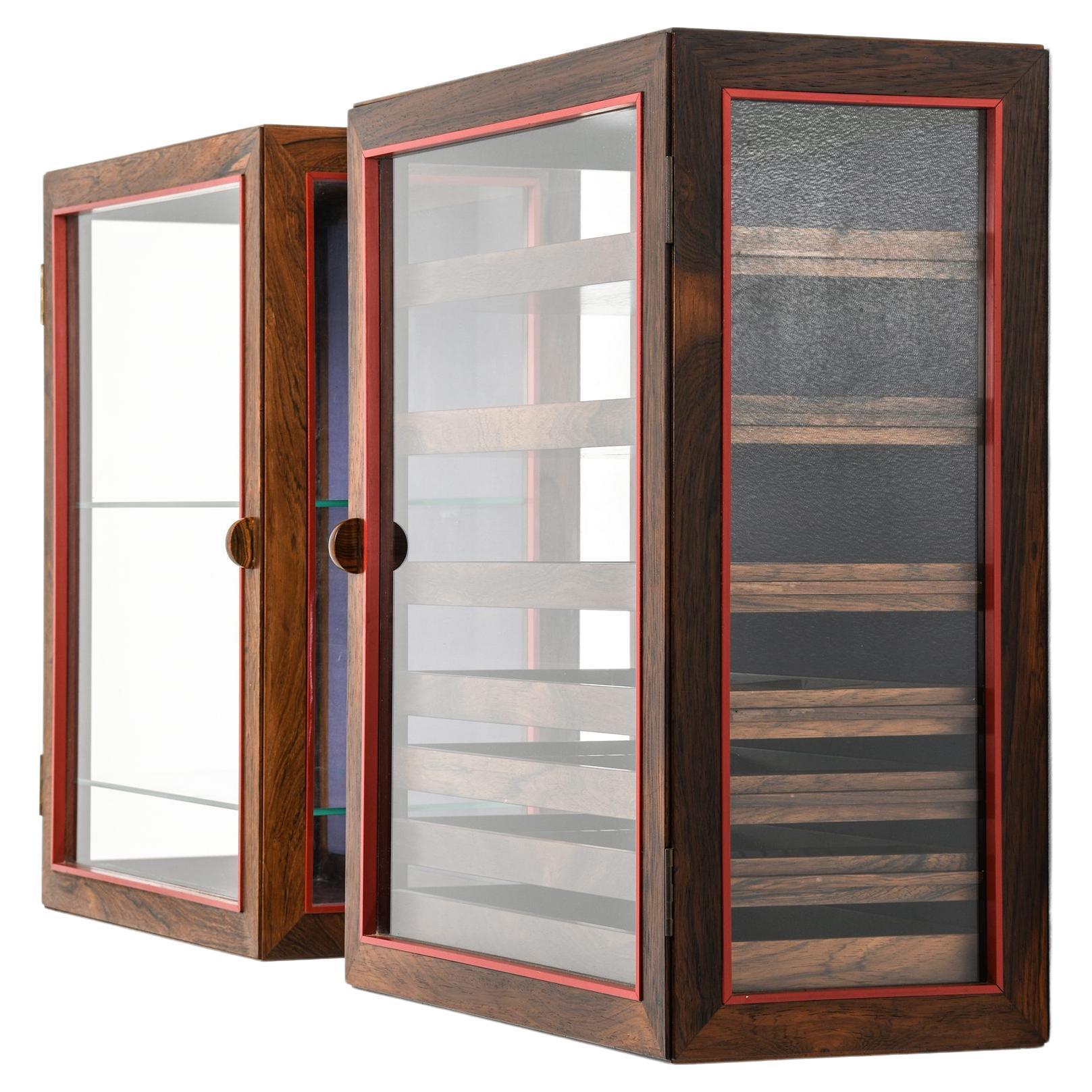 Unique Pair of Wall Mounted Cabinets in Rosewood and Glass by Poul Østergaard