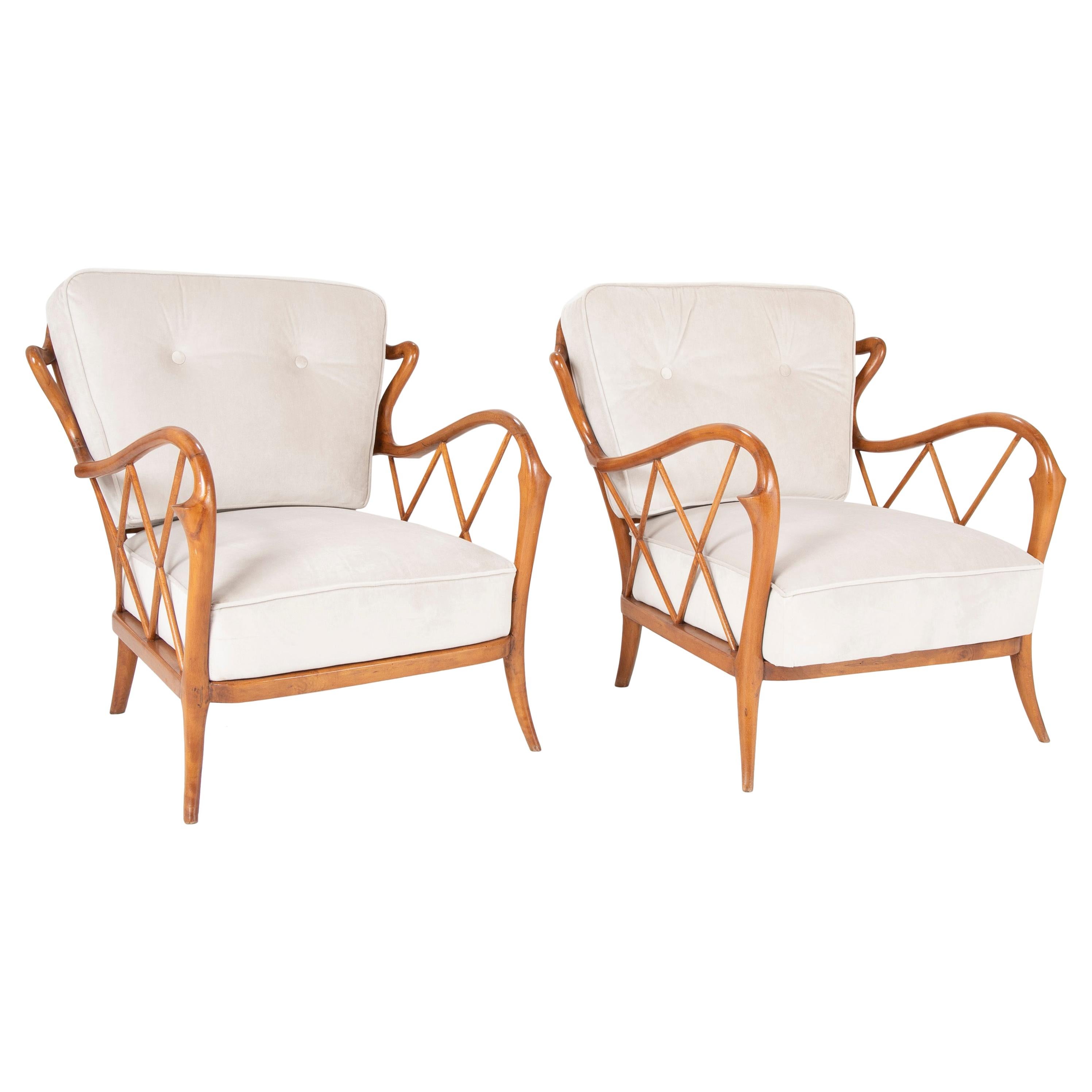 Unique Pair of Walnut Armchairs in the Manner of Paolo Buffa
