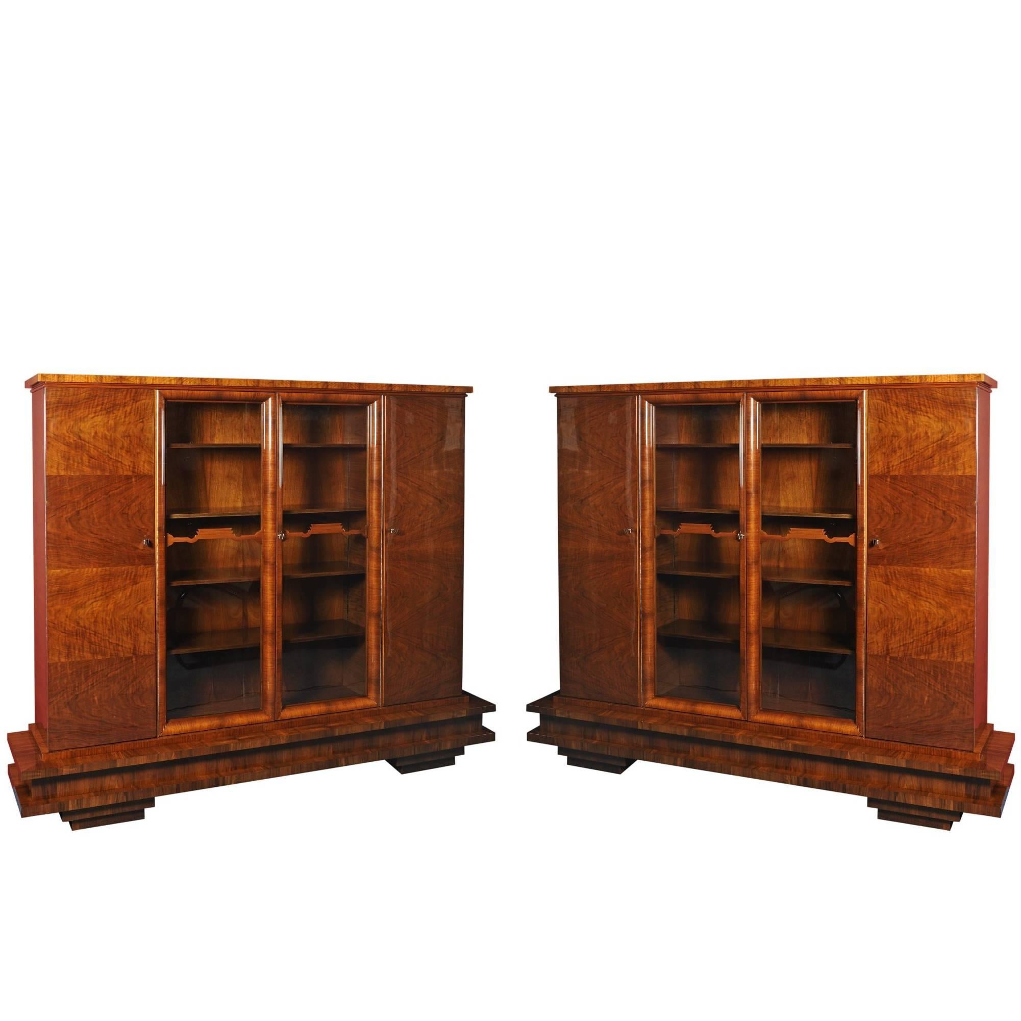 Unique Pair of Walnut Art Deco Bookcases, 1920-1929