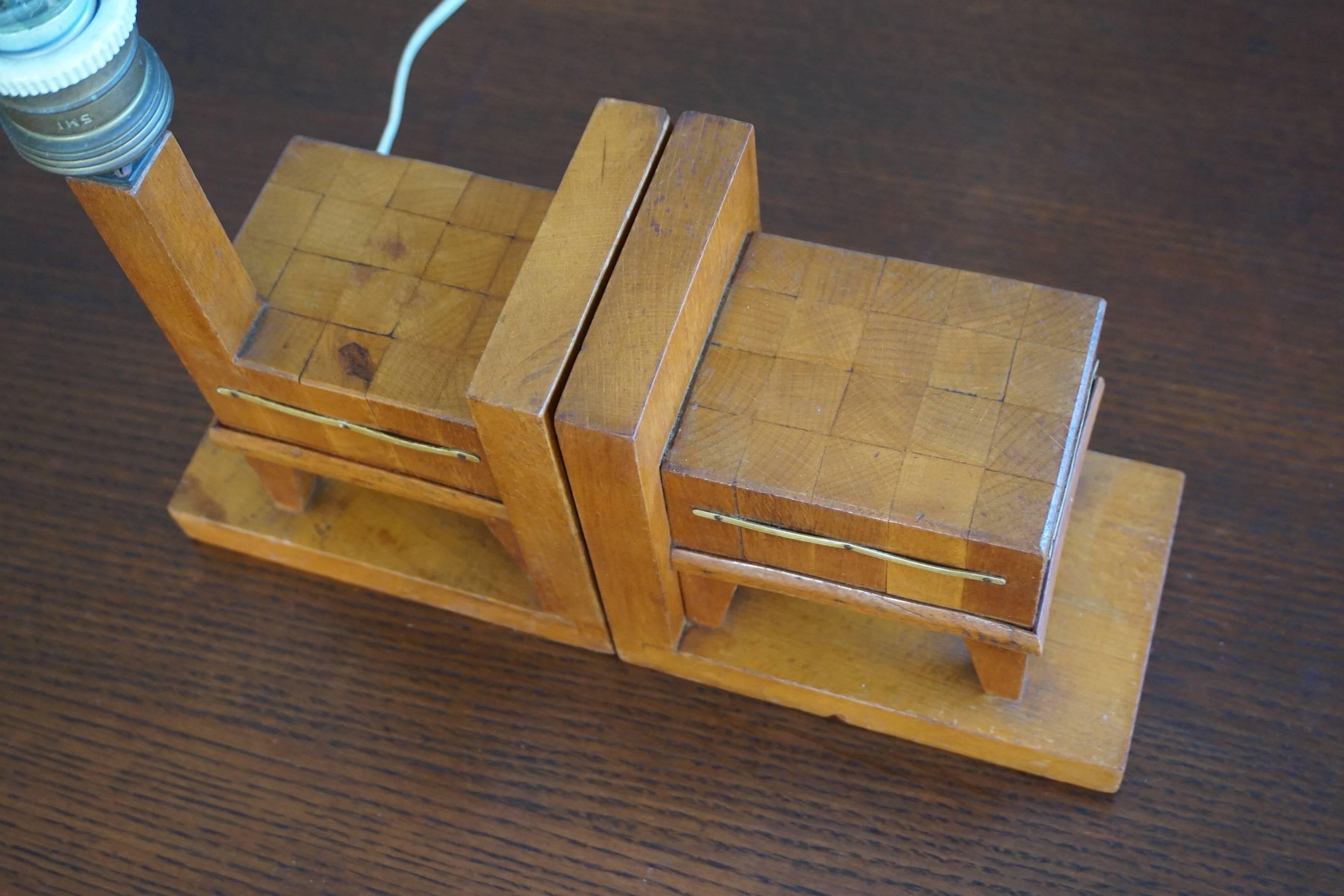 European Pair of Wooden Art Deco Butcher Block Bookends with Integrated Table Light For Sale