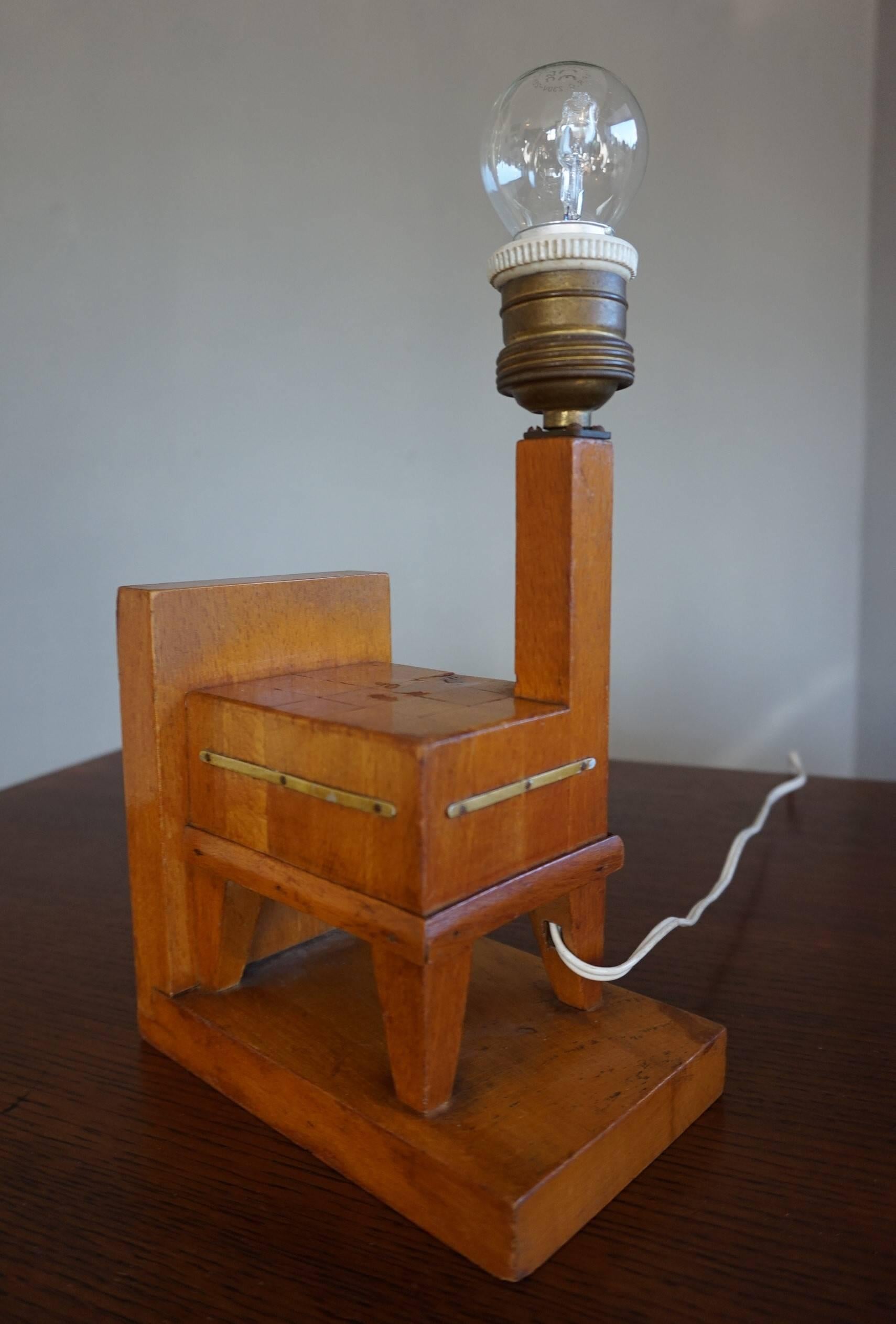 Hand-Crafted Pair of Wooden Art Deco Butcher Block Bookends with Integrated Table Light For Sale