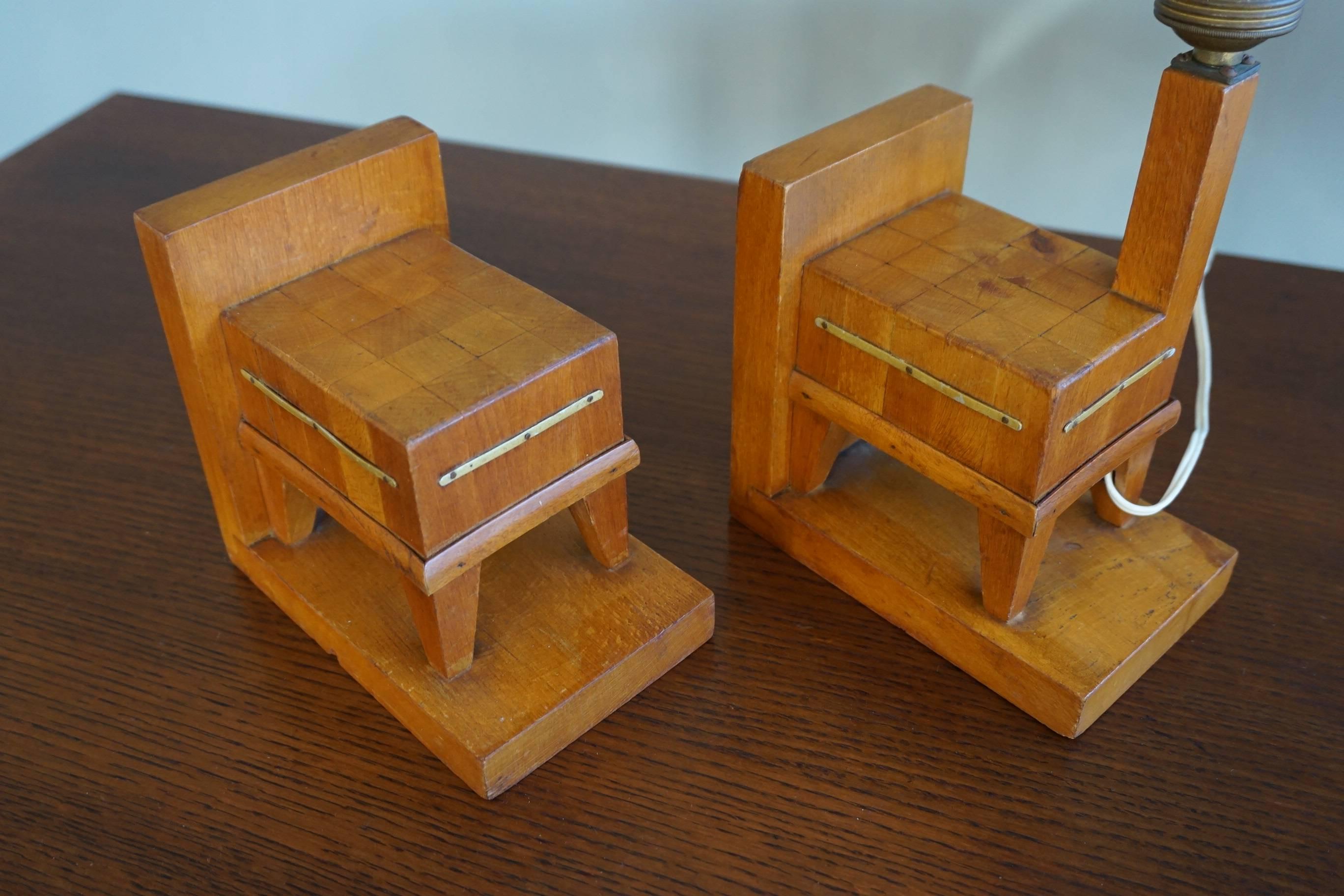 Metal Pair of Wooden Art Deco Butcher Block Bookends with Integrated Table Light For Sale