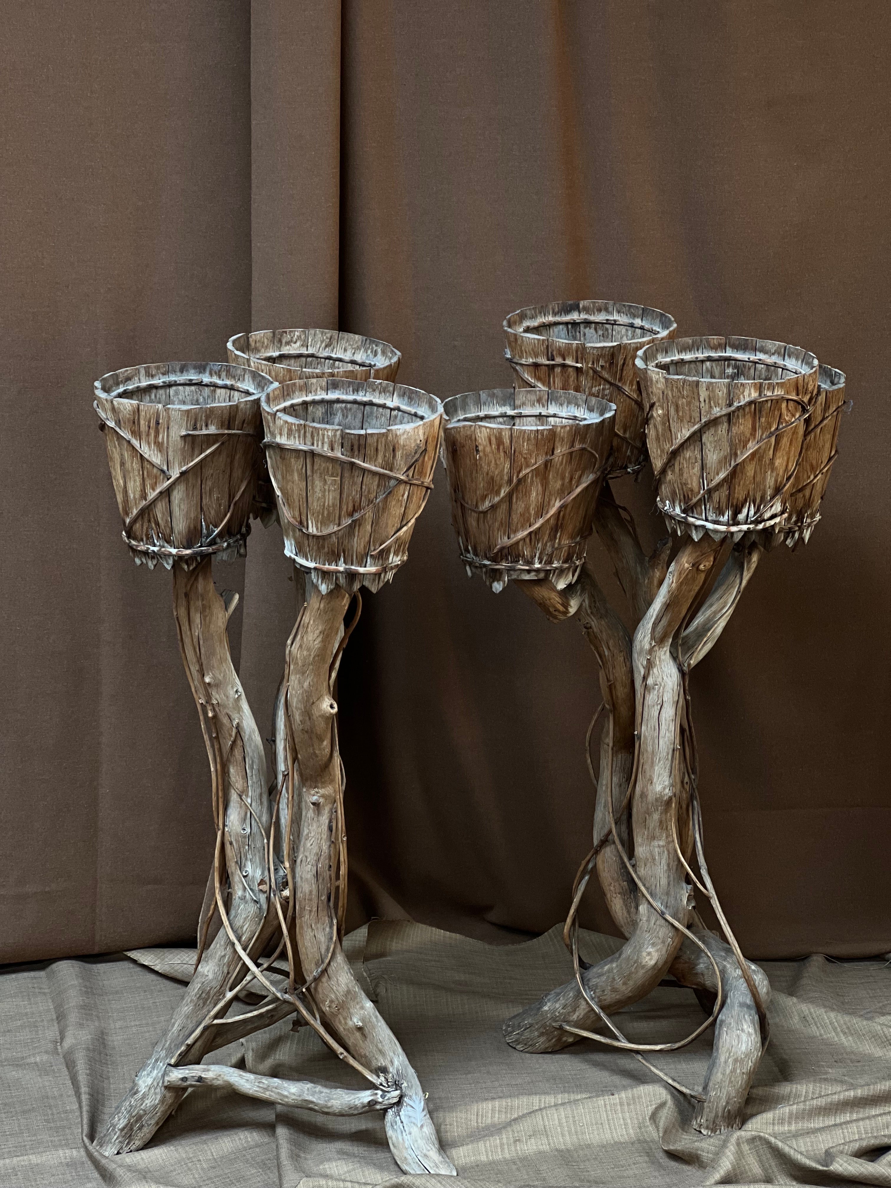 Pareja única de jardineras con pedestal de madera, Francia años 50 Brutalista en venta