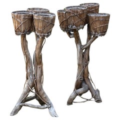 Unique pair of wooden pedestal planters, France 1950's