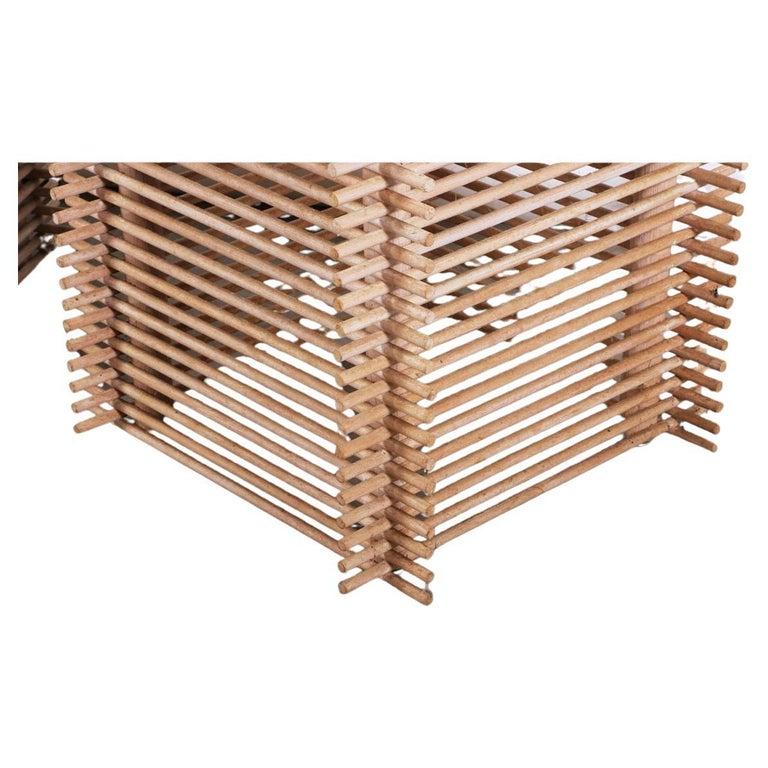 Very unique pair of square travertine nightstands end tables or side tables. These tables have whitewashed painted dowel stacked bases topped with solid travertine stone. Great design for any project. Located in Brooklyn NYC.

Sold as a pair (2) end