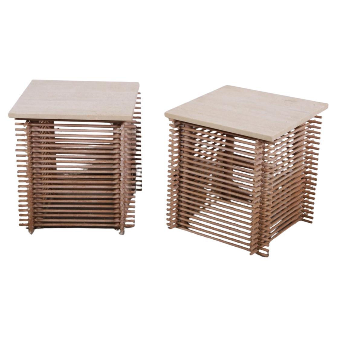 American unique pair Travertine end tables with stacked dowel wood bases For Sale