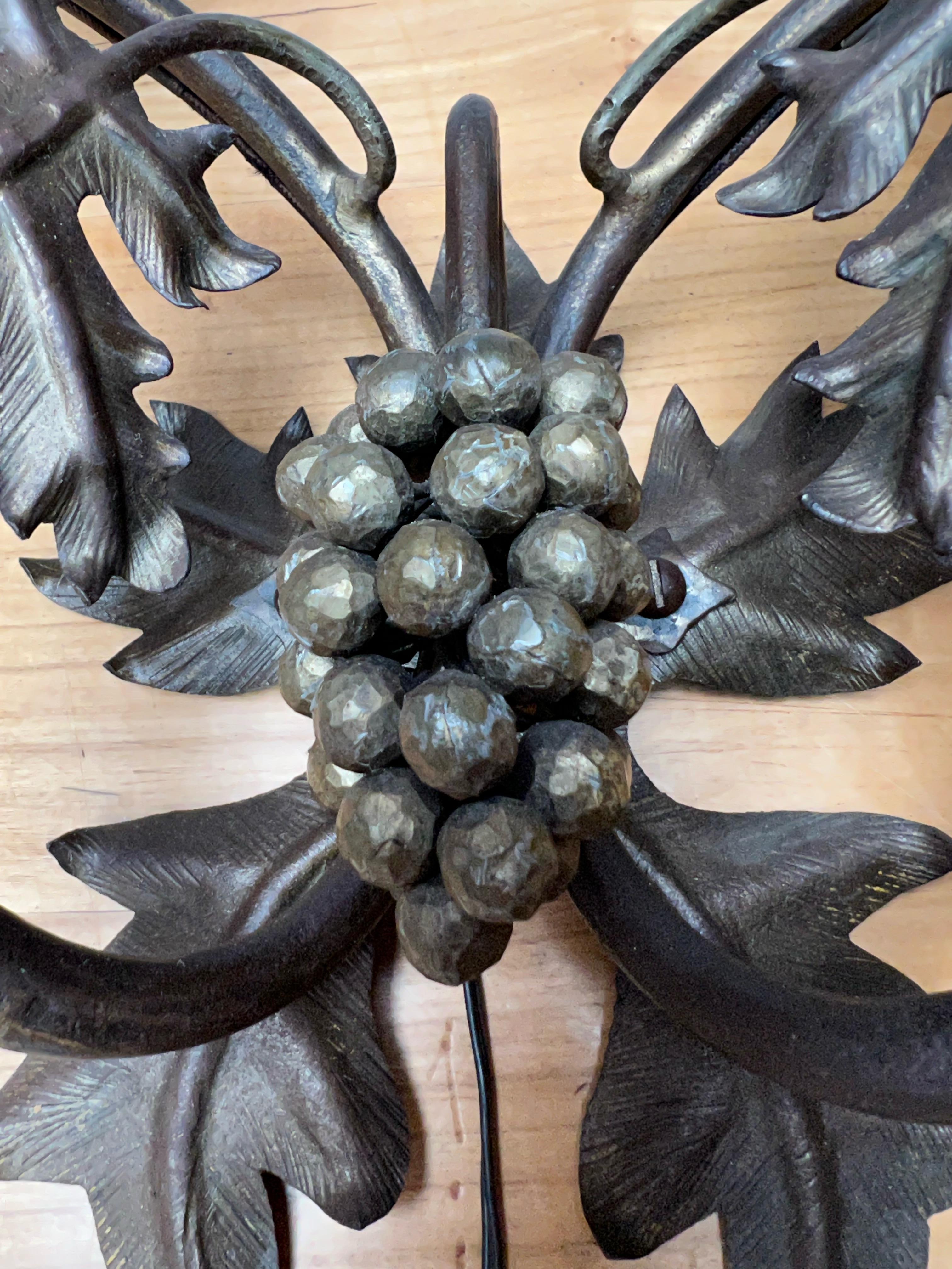 Unique Pair Wine Theme Wall Lamps / Sconces Hand Forged, Grape Bunches & Leafs For Sale 3