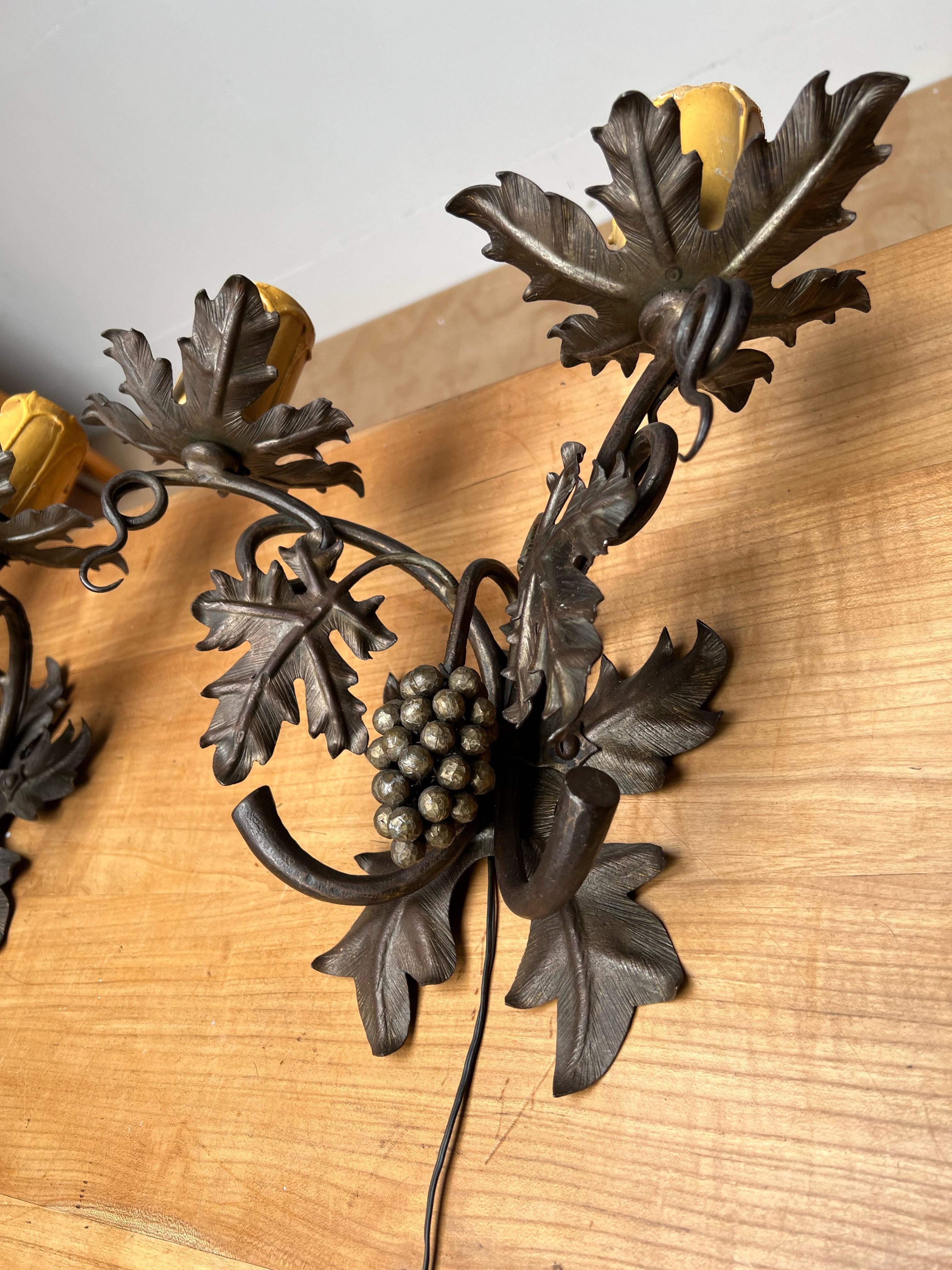Unique Pair Wine Theme Wall Lamps / Sconces Hand Forged, Grape Bunches & Leafs For Sale 5