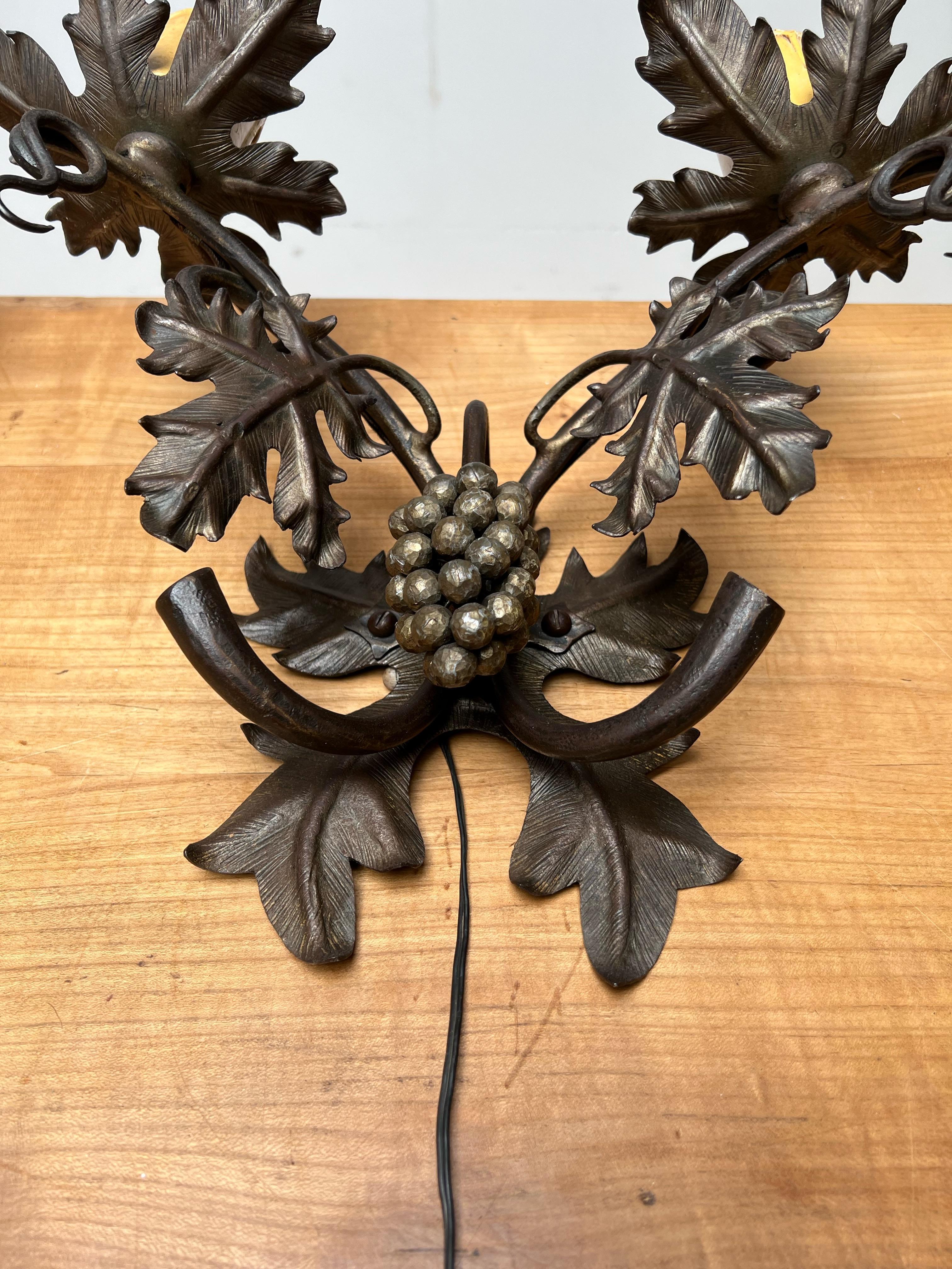 Unique Pair Wine Theme Wall Lamps / Sconces Hand Forged, Grape Bunches & Leafs For Sale 6