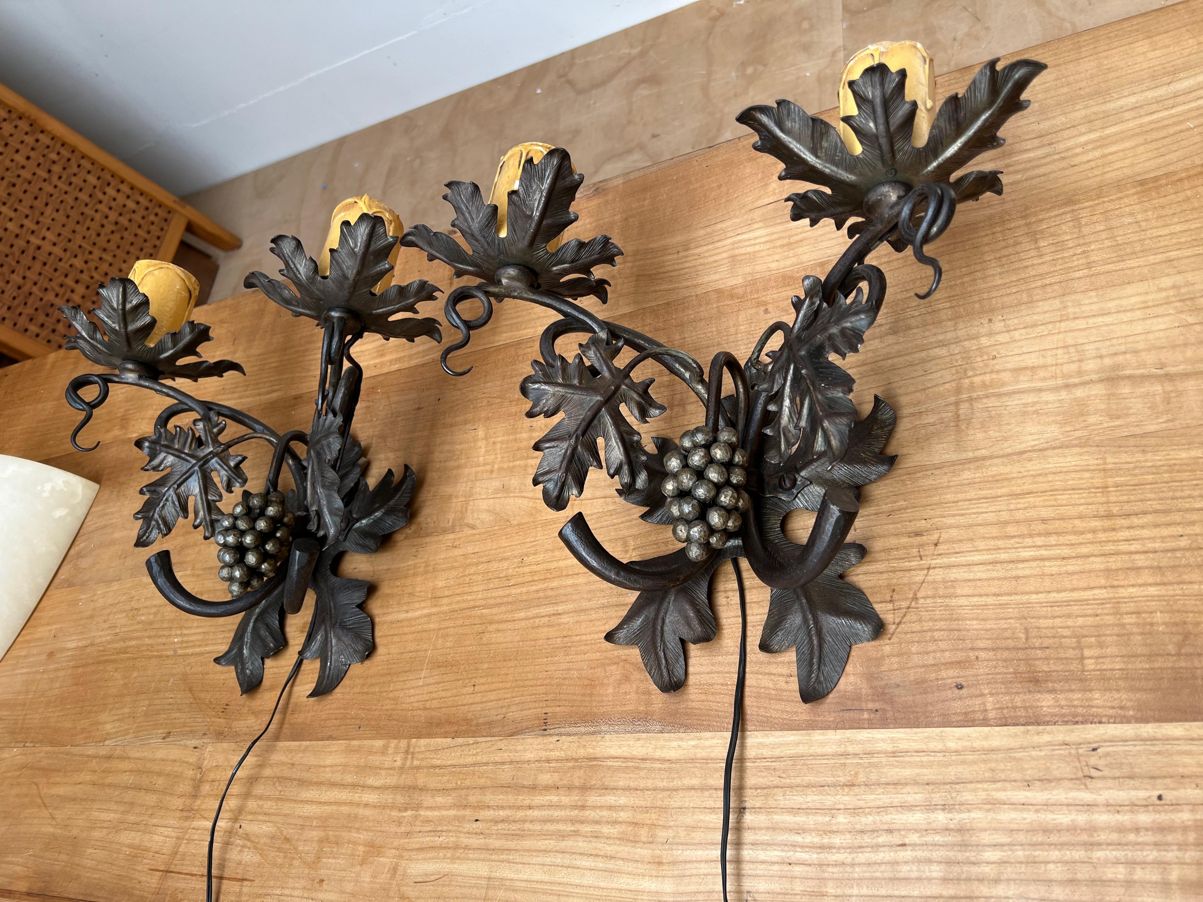 Unique Pair Wine Theme Wall Lamps / Sconces Hand Forged, Grape Bunches & Leafs For Sale 9