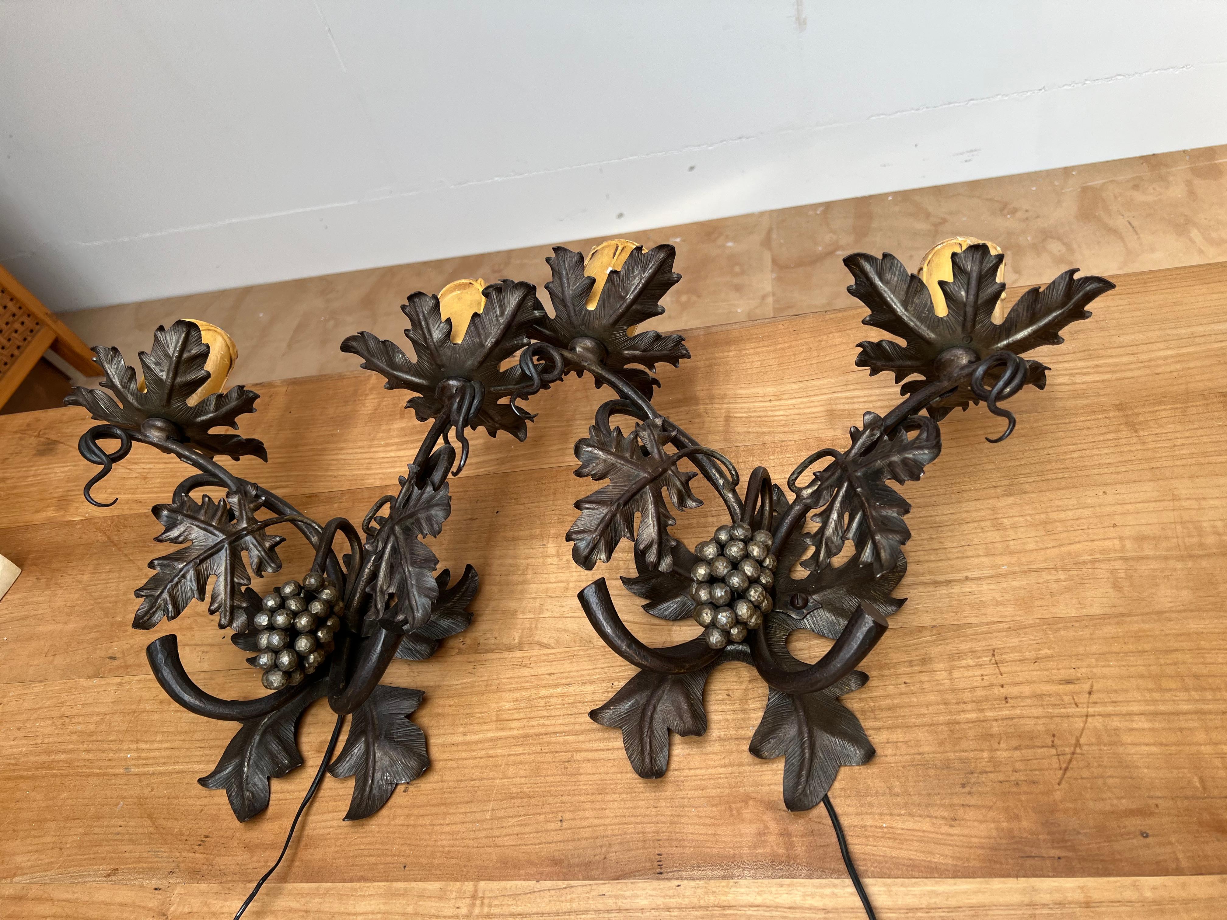 Unique Pair Wine Theme Wall Lamps / Sconces Hand Forged, Grape Bunches & Leafs For Sale 10