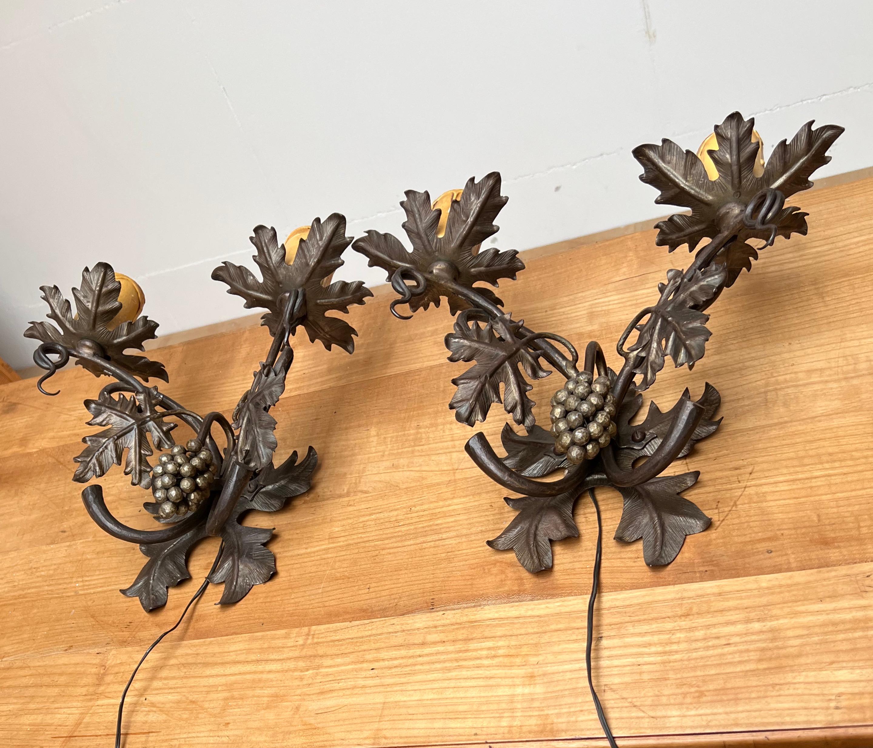 Unique Pair Wine Theme Wall Lamps / Sconces Hand Forged, Grape Bunches & Leafs For Sale 11