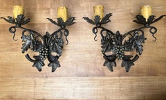 Unique Pair Wine Theme Wall Lamps / Sconces Hand Forged, Grape Bunches & Leafs