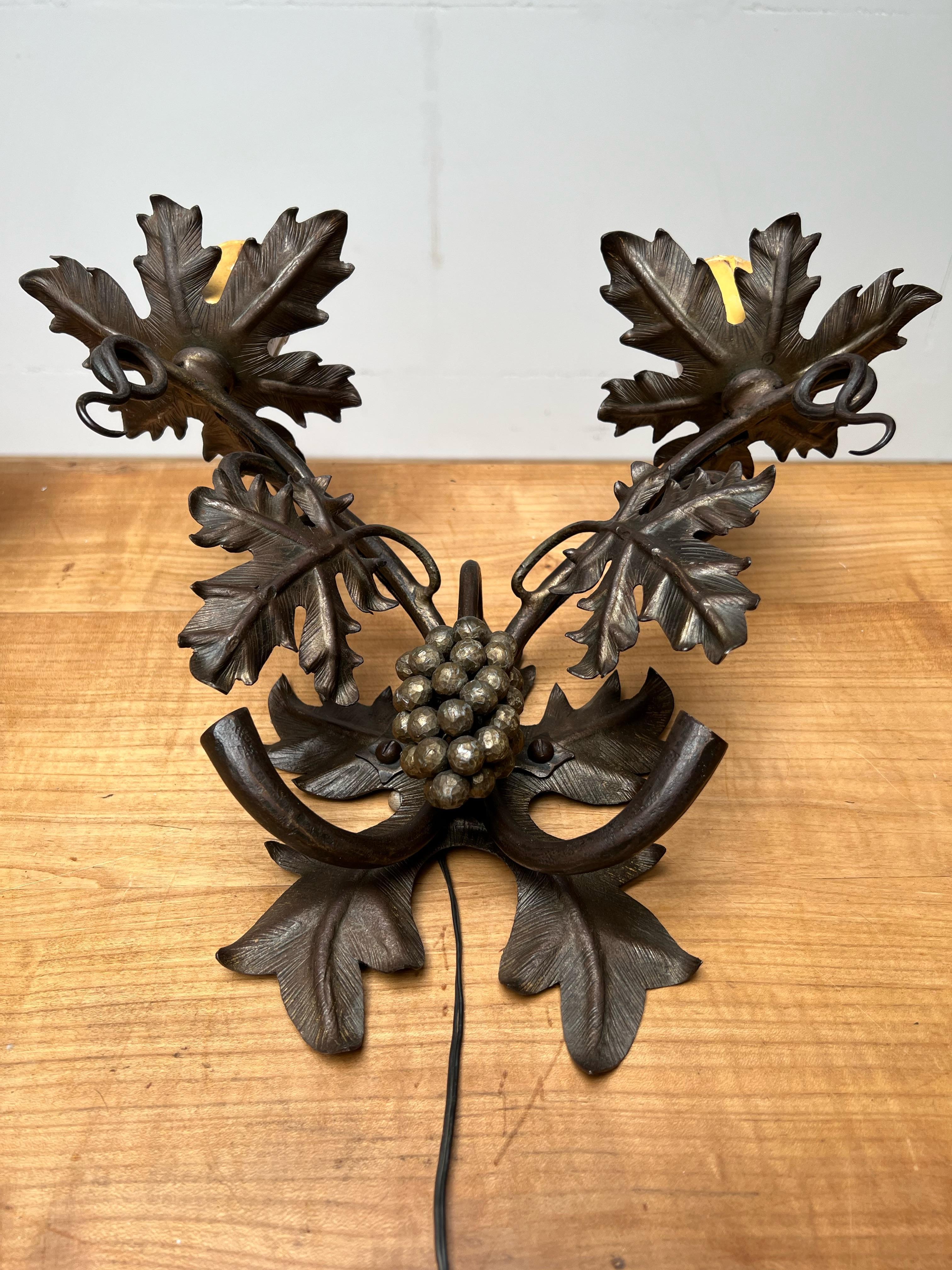 Unique Pair Wine Theme Wall Lamps / Sconces Hand Forged, Grape Bunches & Leafs For Sale 12