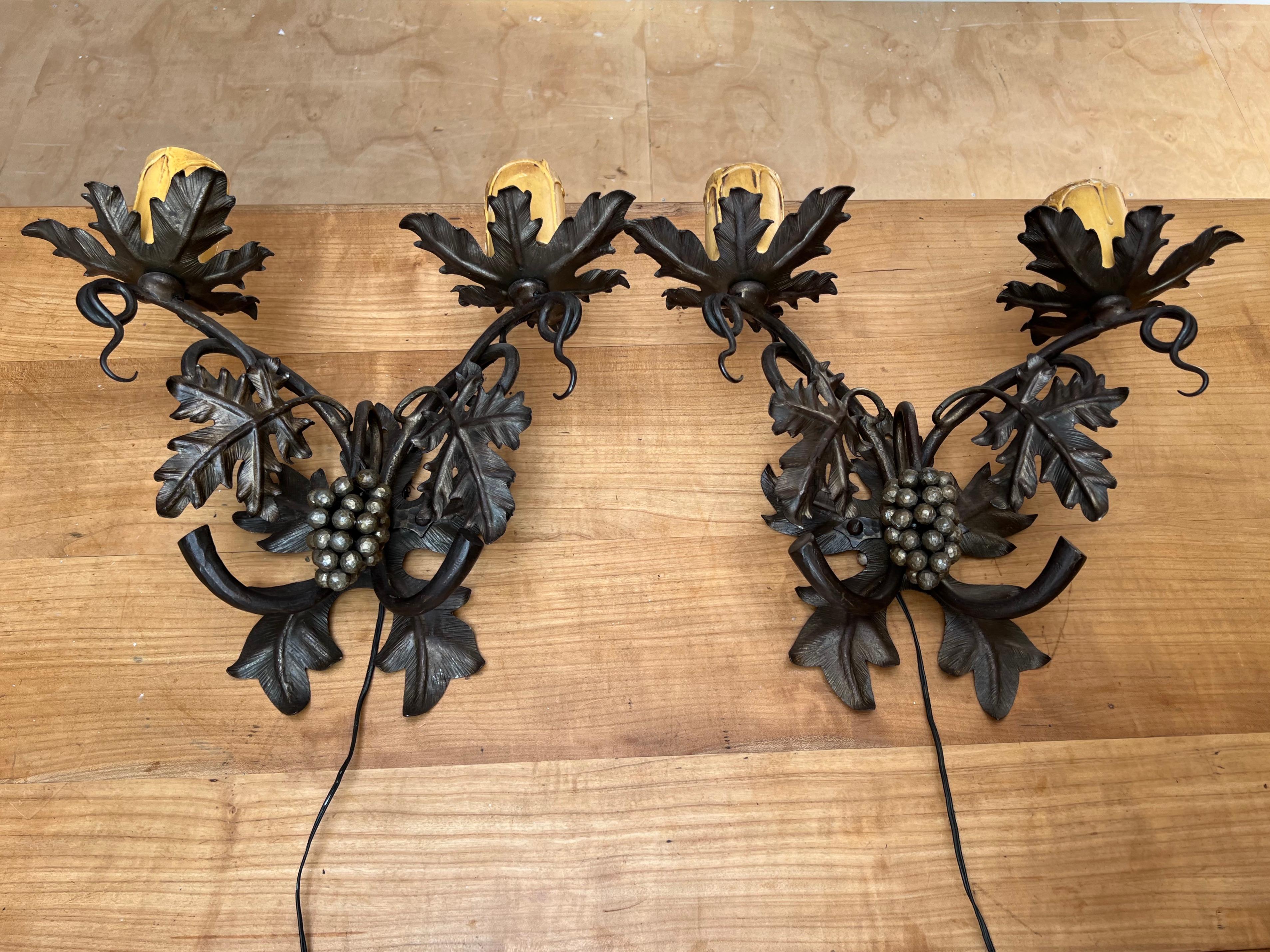 Arts and Crafts Unique Pair Wine Theme Wall Lamps / Sconces Hand Forged, Grape Bunches & Leafs For Sale