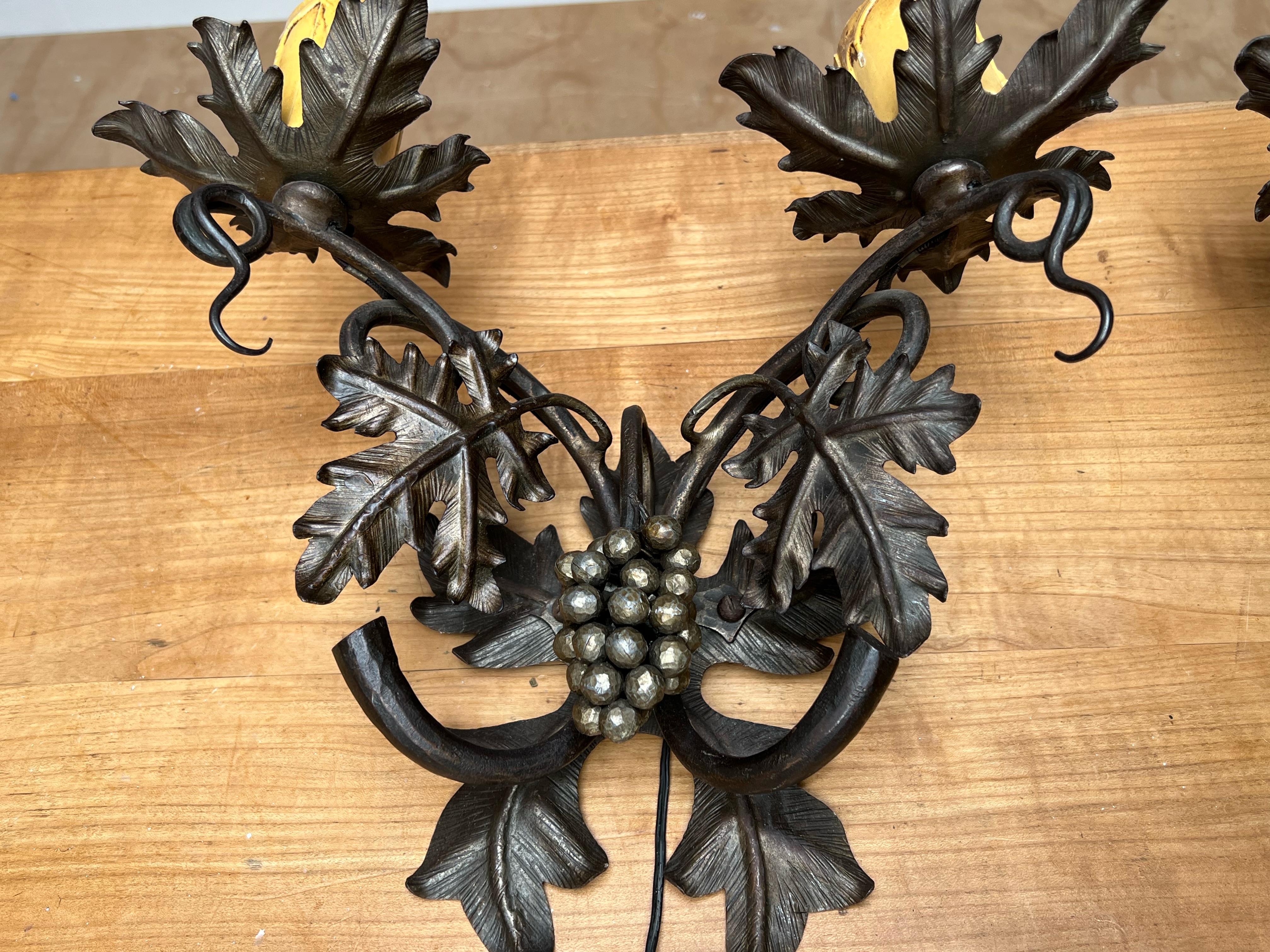 French Unique Pair Wine Theme Wall Lamps / Sconces Hand Forged, Grape Bunches & Leafs For Sale