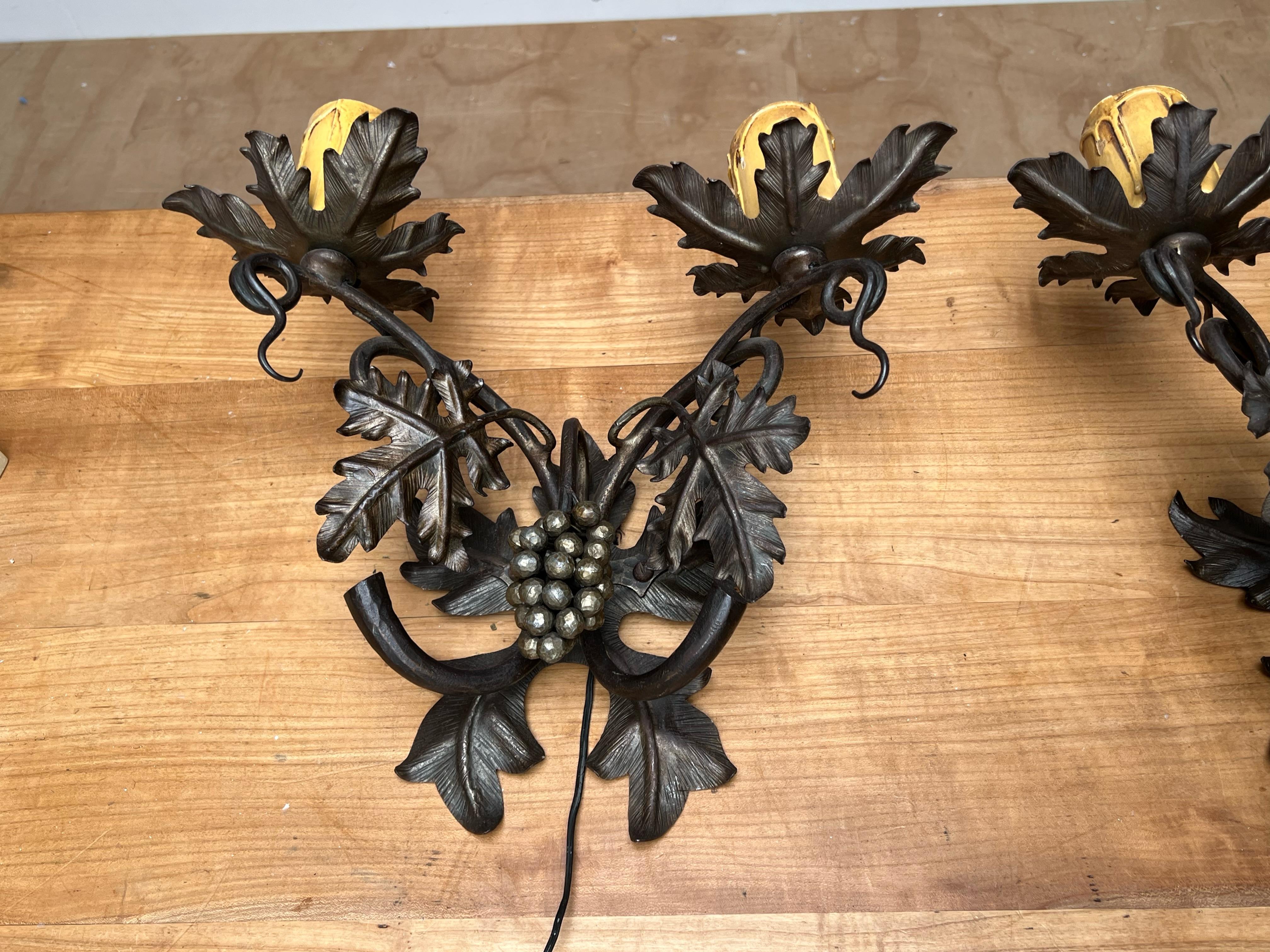 Blackened Unique Pair Wine Theme Wall Lamps / Sconces Hand Forged, Grape Bunches & Leafs For Sale