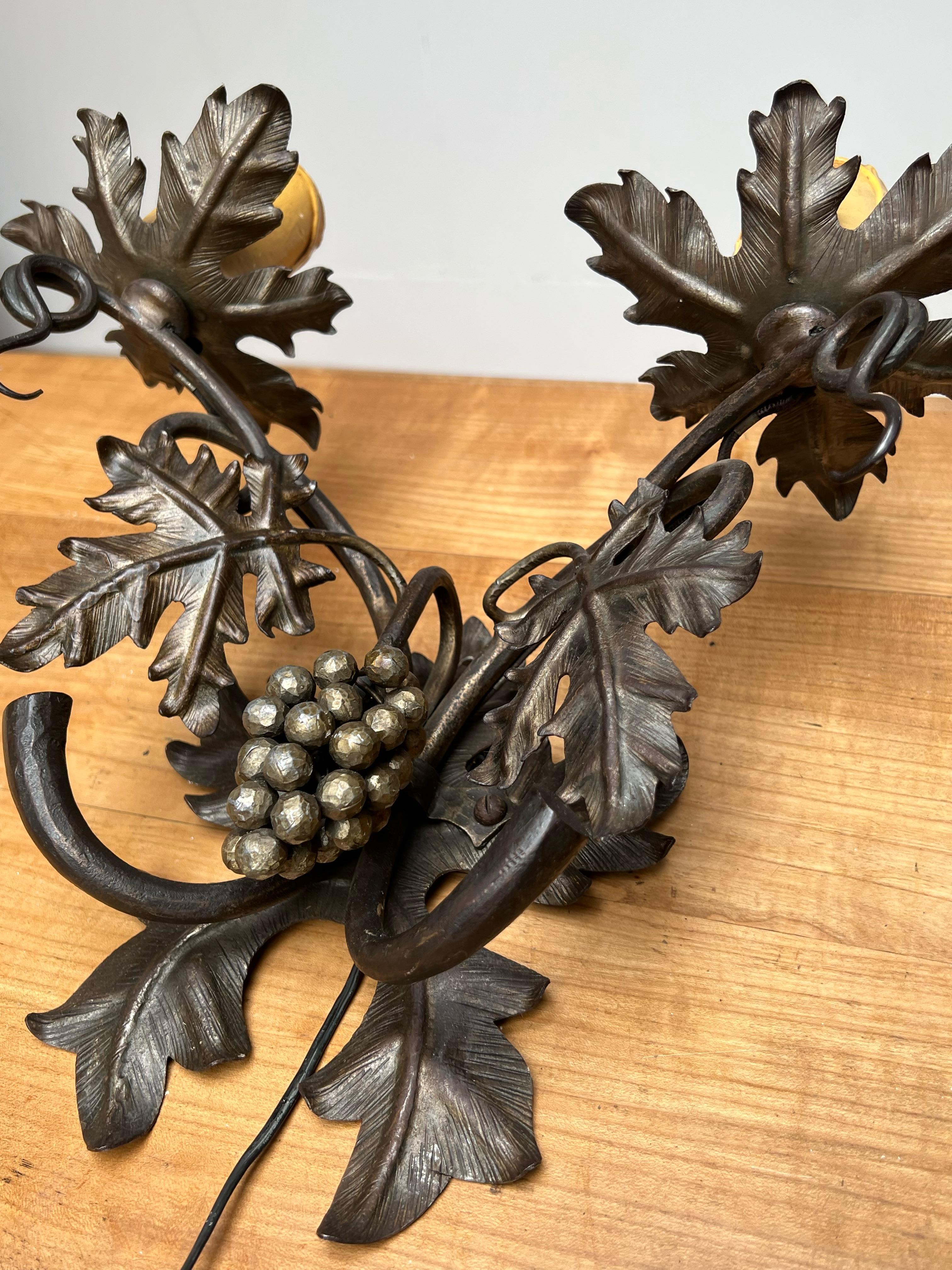20th Century Unique Pair Wine Theme Wall Lamps / Sconces Hand Forged, Grape Bunches & Leafs For Sale