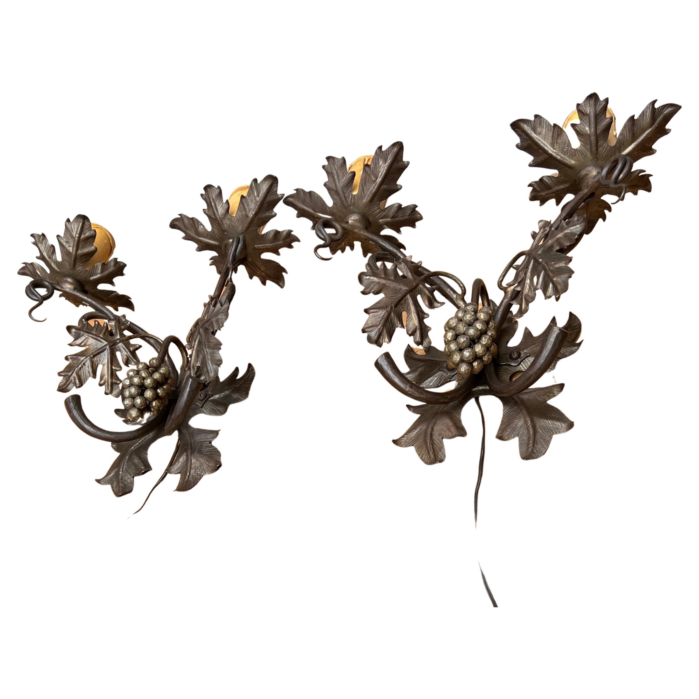 Unique Pair Wine Theme Wall Lamps / Sconces Hand Forged, Grape Bunches & Leafs For Sale