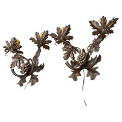 Unique Pair Wine Theme Wall Lamps / Sconces Hand Forged, Grape Bunches & Leafs