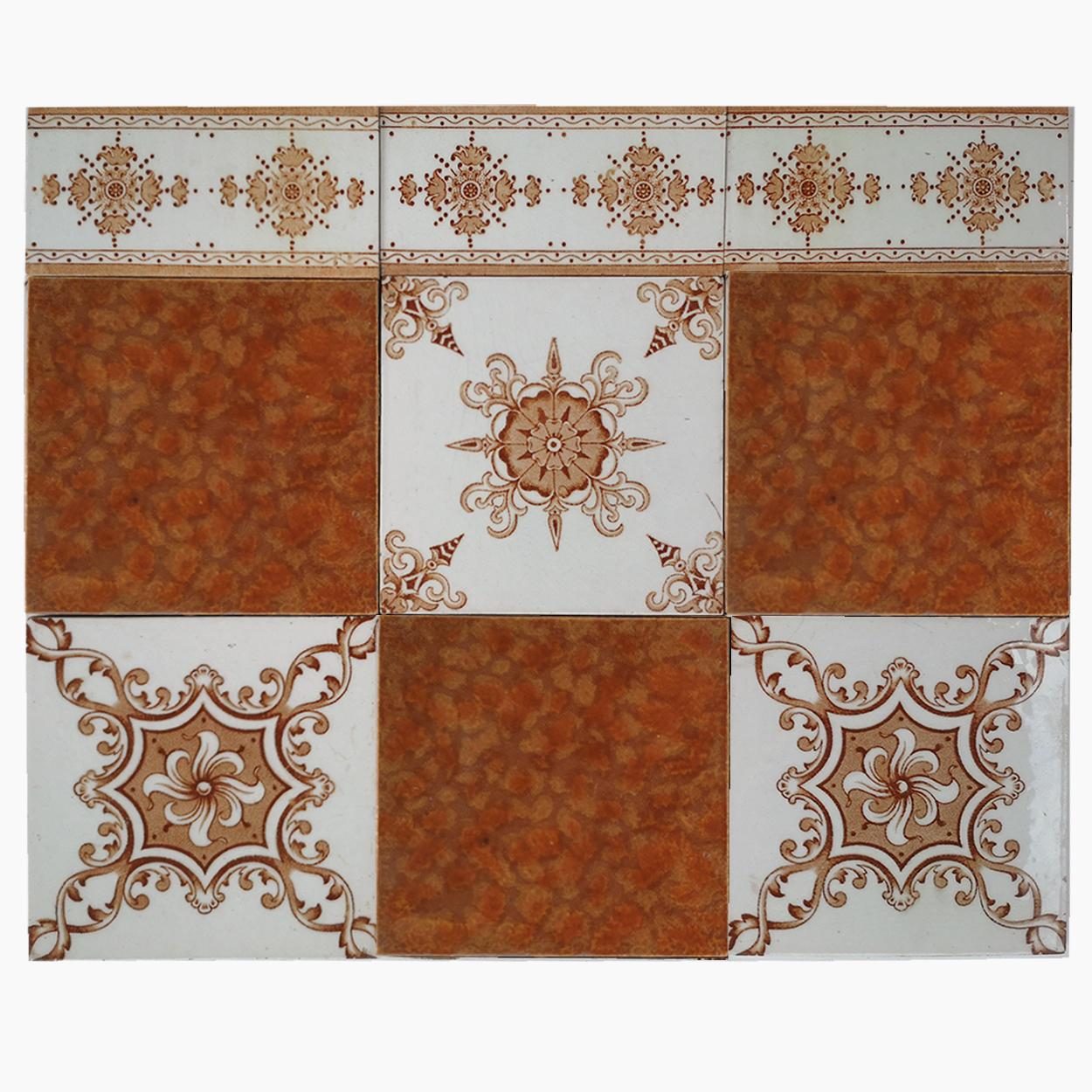 A set of unique antique tiles, with a beautiful Art Deco pattern, Hemiksem circa 1920, Belgium.
In a warm red/brown color. 

The dimensions per tile are 5,9