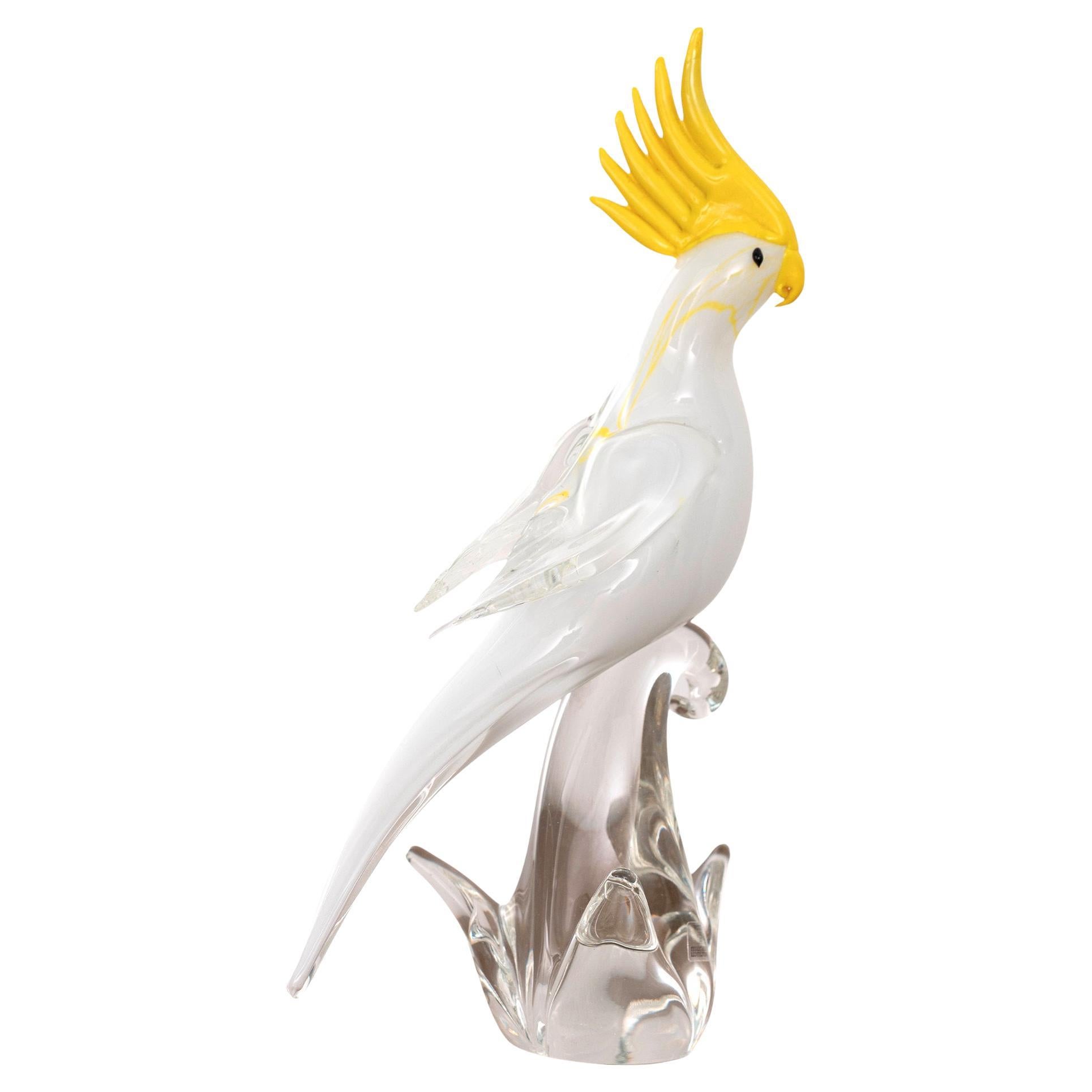 Scultura unica di pappagallo in vetro di Murano, vetro artistico giallo bianco di Formia Murano